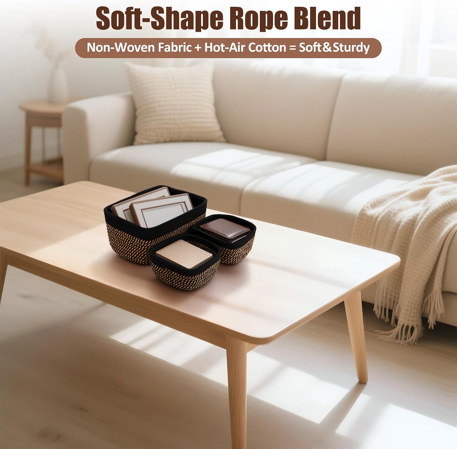 Small Woven Rope Storage Baskets / Black & Gold / 11.81*7.48*4.72'' & 5.91*5.91*2.56 / Set of 5