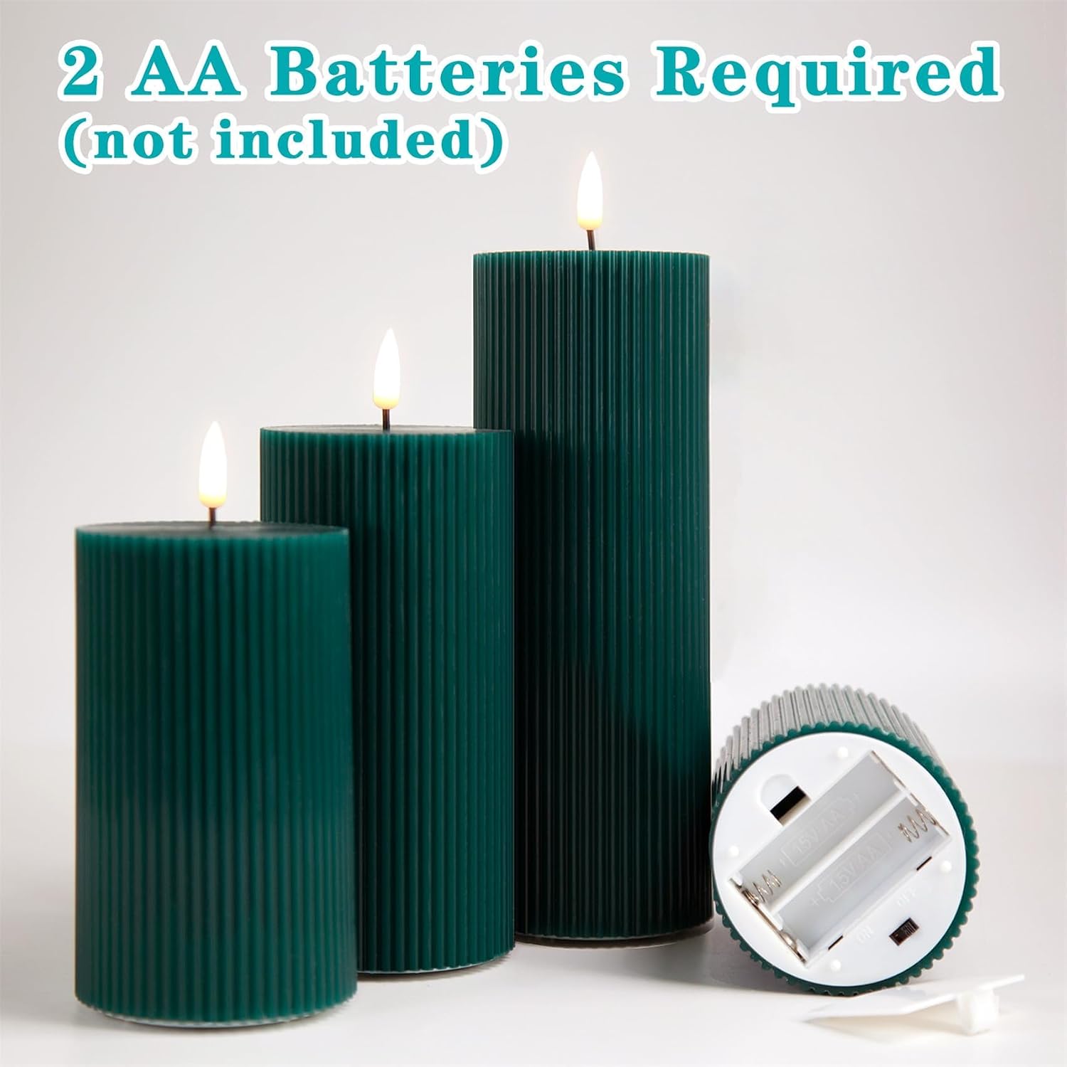 Ribbed Flameless Pillar Candles / Green / Set of 4