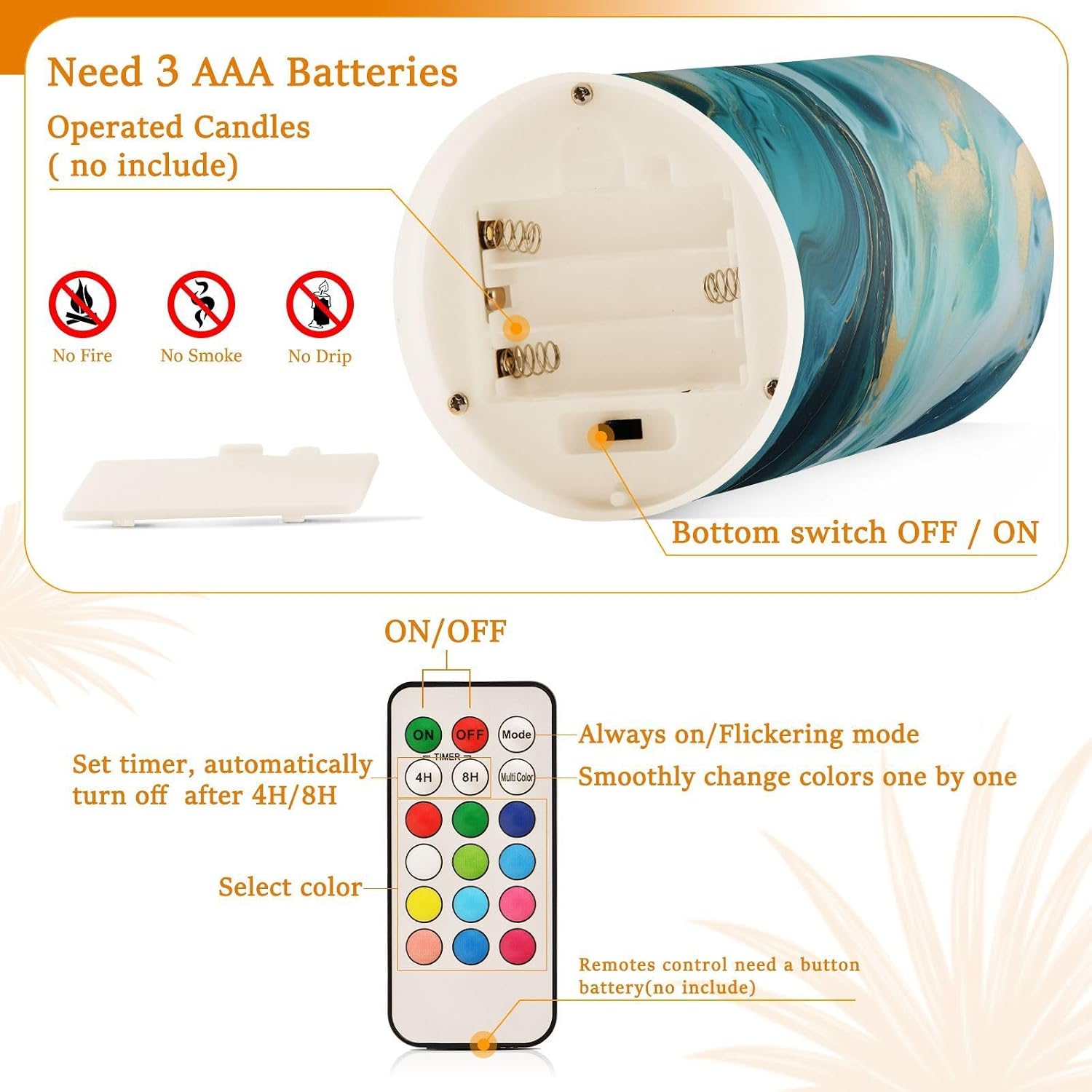 Flickering Flameless Candles, Turquoise Blue Marble Texture LED Candles with Remote Timer, Set of 2 Battery Operated