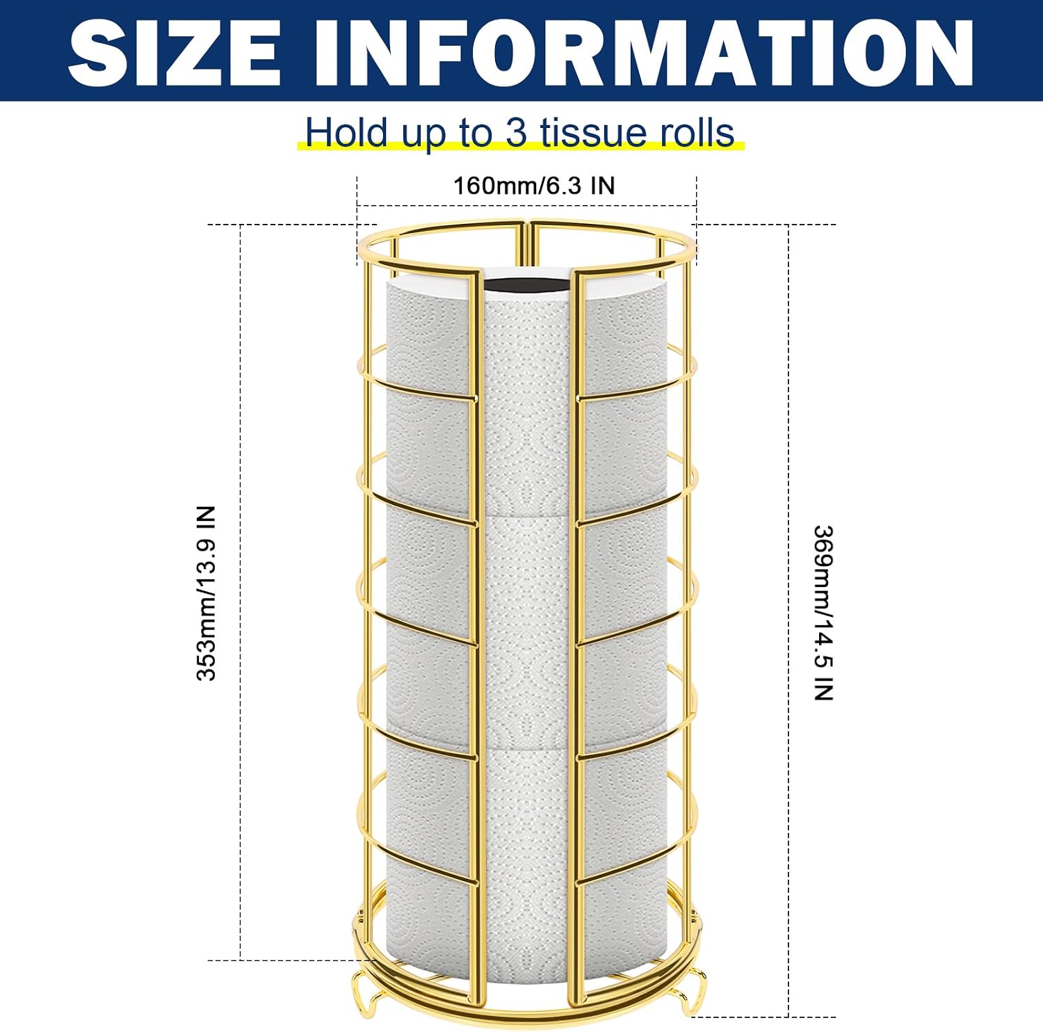 NearMoon Toilet Paper Organizer Stand, Free Standing 3 Rolls Tissue Storage, Metal Bathroom Accessory, Rustproof Toilet