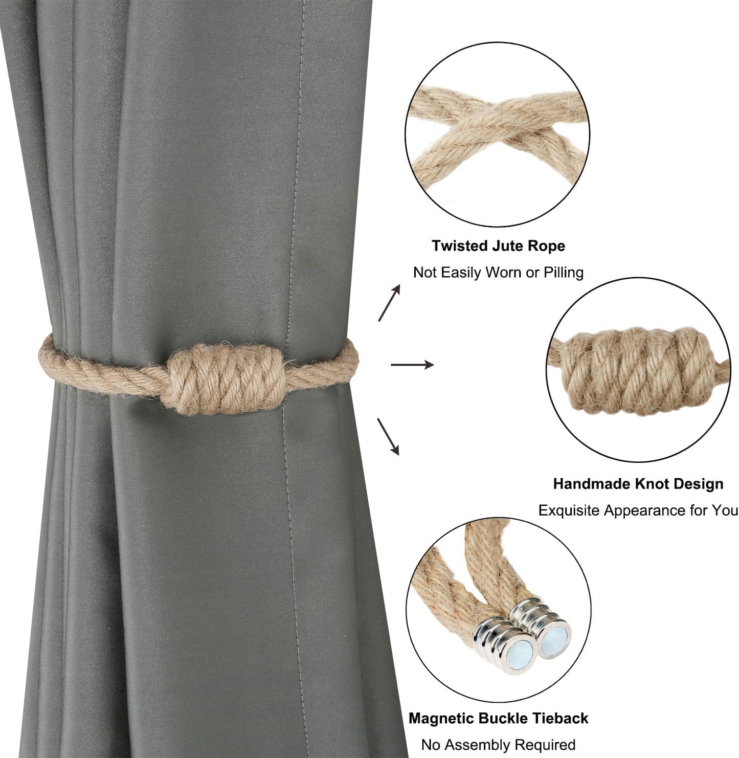 BEL AVENIR Magnetic Jute Curtain Tiebacks 6 Pack Hand-Woven Curtain Ties | Decorative Curtain Holdbacks Bohemian Style