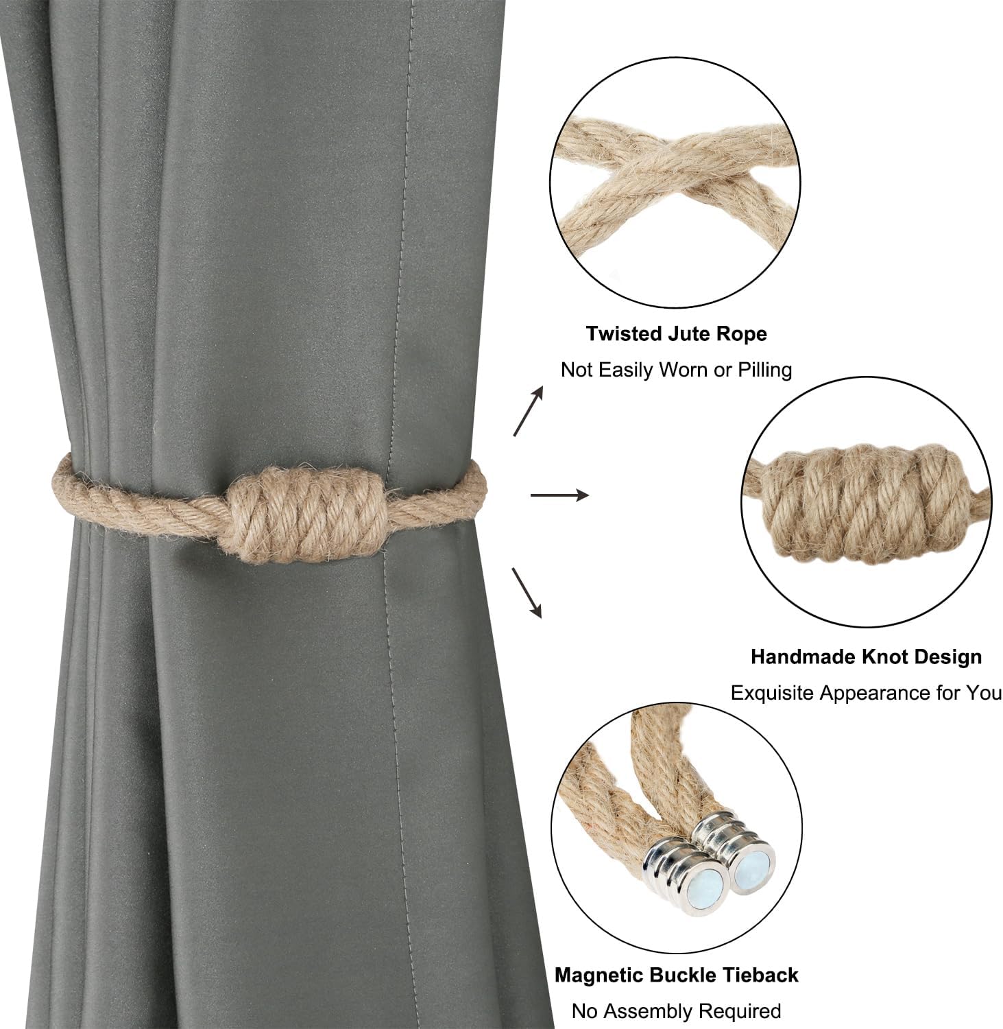 BEL AVENIR Magnetic Jute Curtain Tiebacks 6 Pack Hand-Woven Curtain Ties | Decorative Curtain Holdbacks Bohemian Style