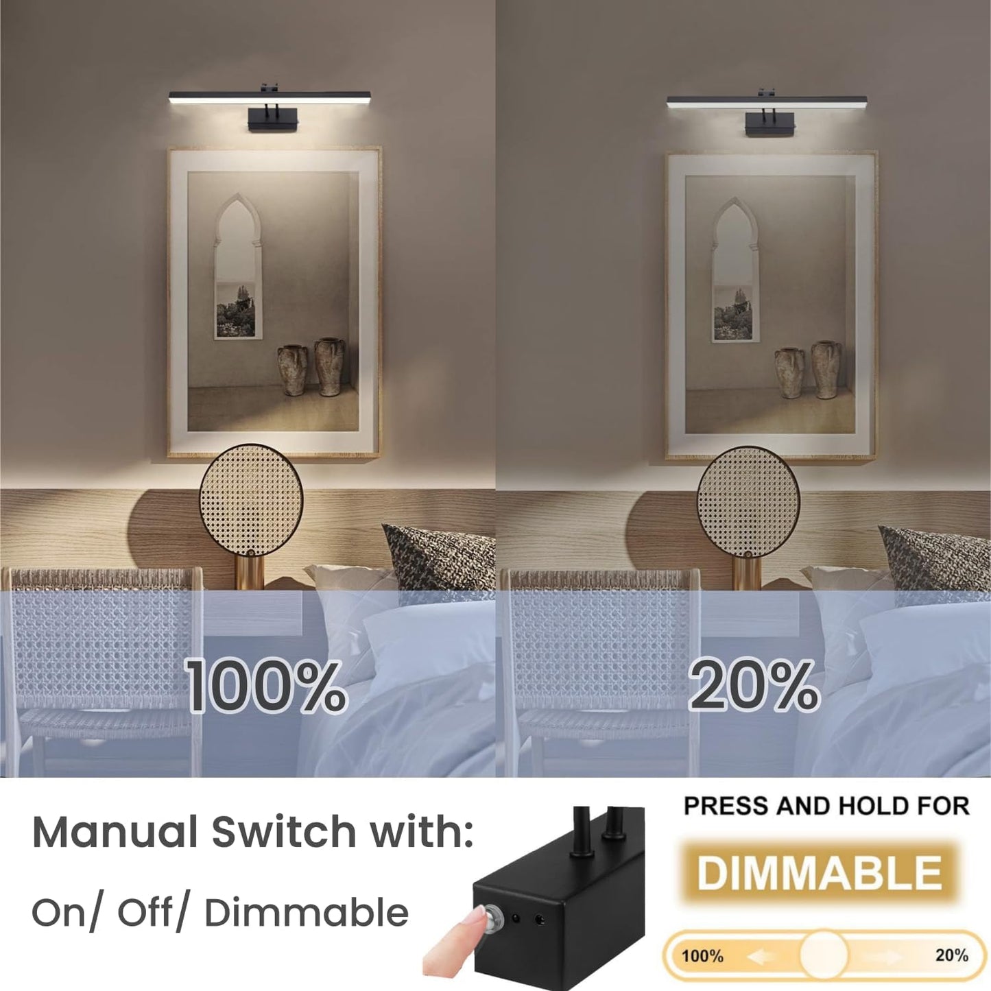Wireless Wall Picture Light Rechargeable, 16", Black | 5000mAh Battery Operated Gallery Lights with Remote Timer, 280LM