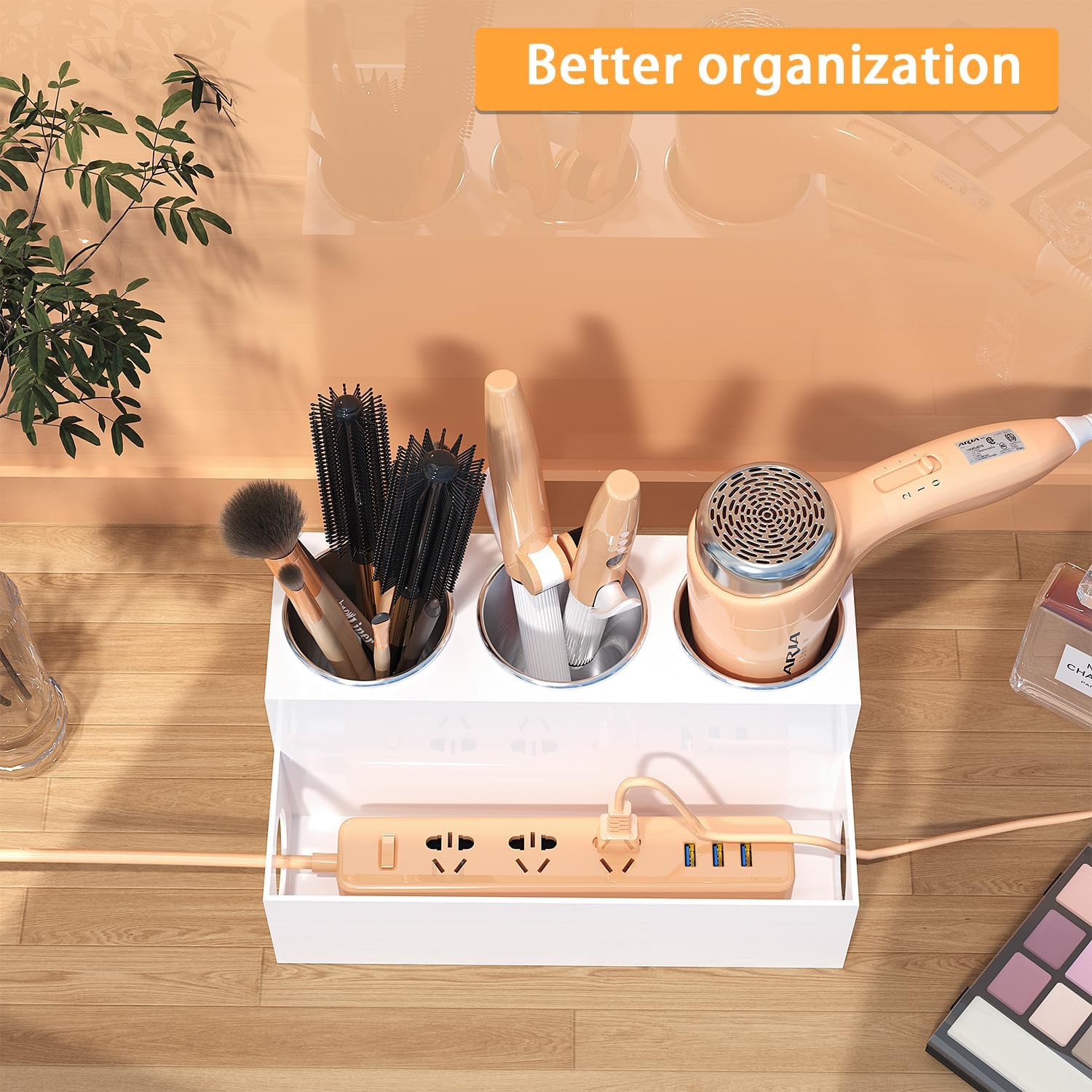 Countertop Hair Tool Organizer White Acrylic Holder for Vanity | Heat Insulated Steel Cups, Cord Hole Design, Stores