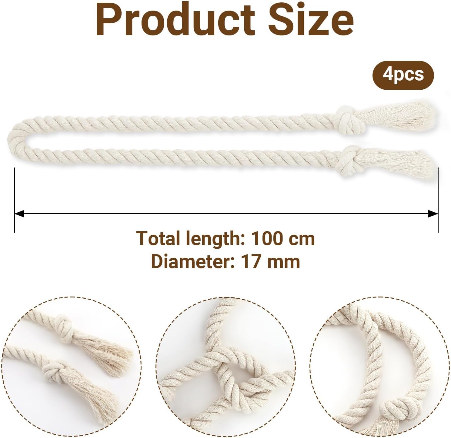 GlasFlength Curtain Tiebacks, Pack of 4 Boho Tiebacks for Curtains, Hand Knitted Curtain Tape, 100 cm, Cotton Rope
