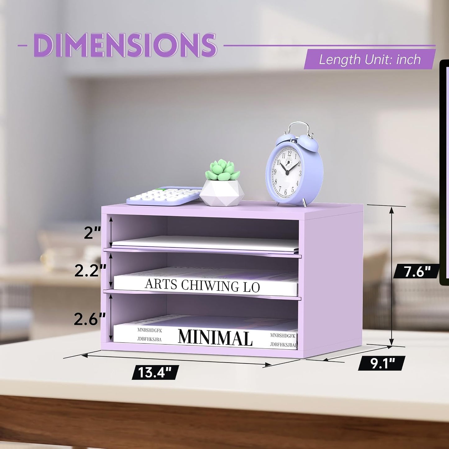 3 Tier Wood Desk Organizer, Paper Organizer for Desk, Purple | Wooden Desktop Organizer for Sorting Papers, Letters and