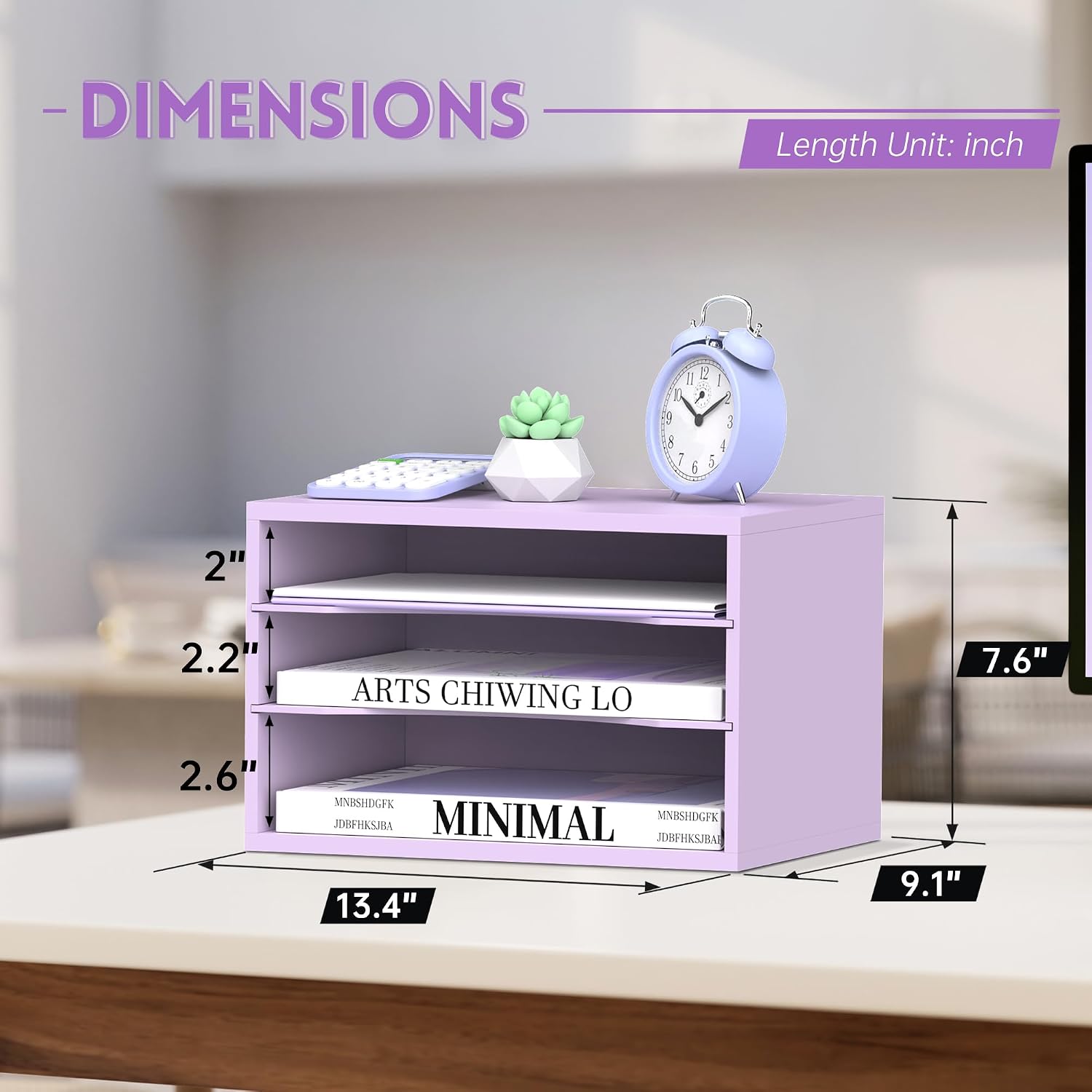 3 Tier Wood Desk Organizer, Paper Organizer for Desk, Purple | Wooden Desktop Organizer for Sorting Papers, Letters and