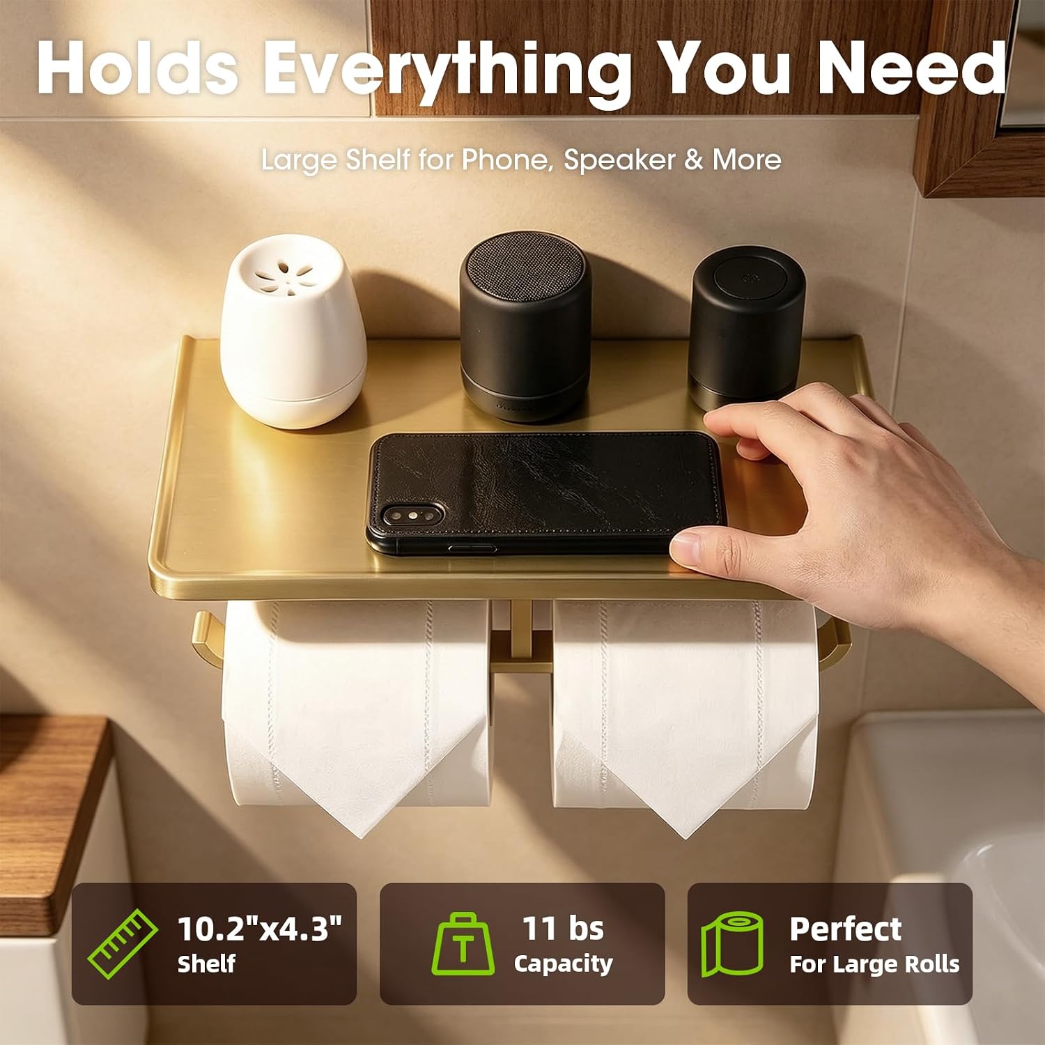 TRUSTMI Brushed Gold Dual Roll Toilet Paper Holder with Phone Shelf | Solid zinc alloy holder holds 11 lbs and fits