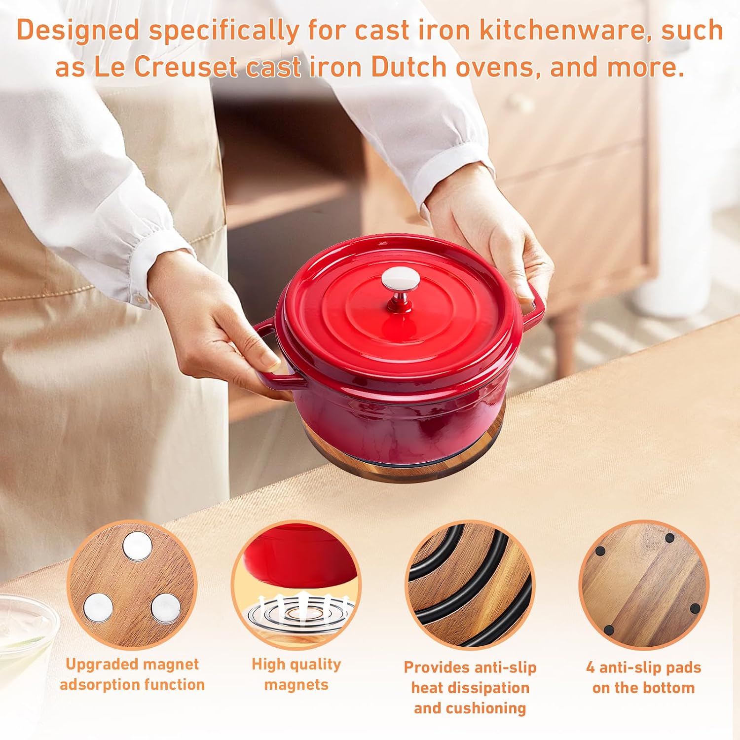 2 Pcs Magnetic Wooden Trivets, Acacia Wood with Black Silicone Rings, Magnetic Pot Holder for Le Creuset Enameled Cast