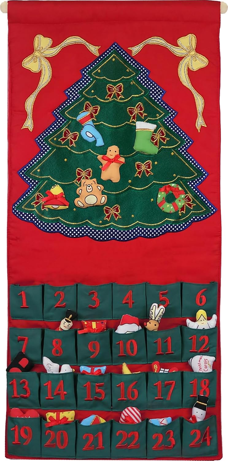 Pockets of Learning Green Christmas Tree Advent Calendar | Interactive Christmas Holiday Décor Embroidered Seasonal Soft Fabric Wall Hanging Countdown