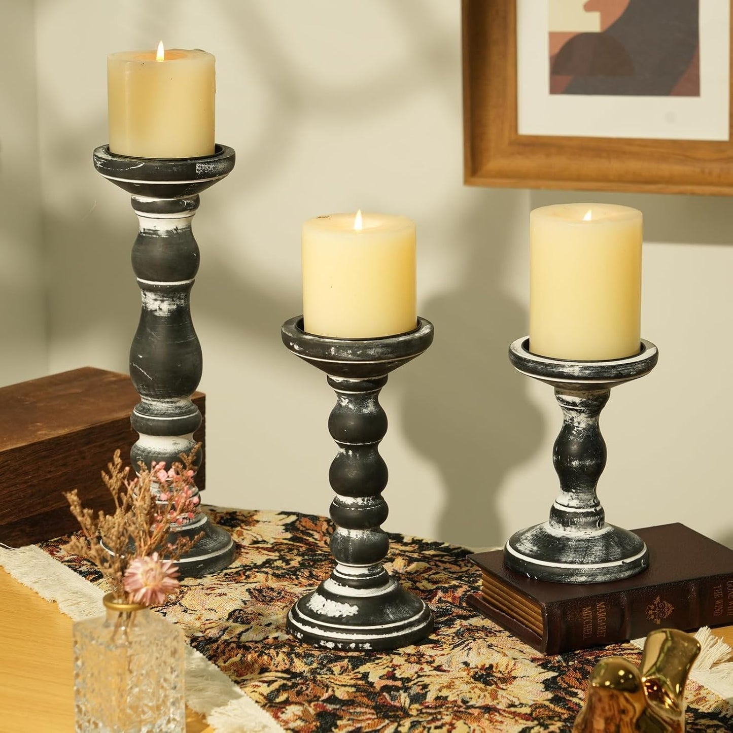 Wood Pillar Candle Holder: Rustic Distressed Black Candle Stand | Solid Pine Wooden Decor, for 3.15" Pillar, Farmhouse