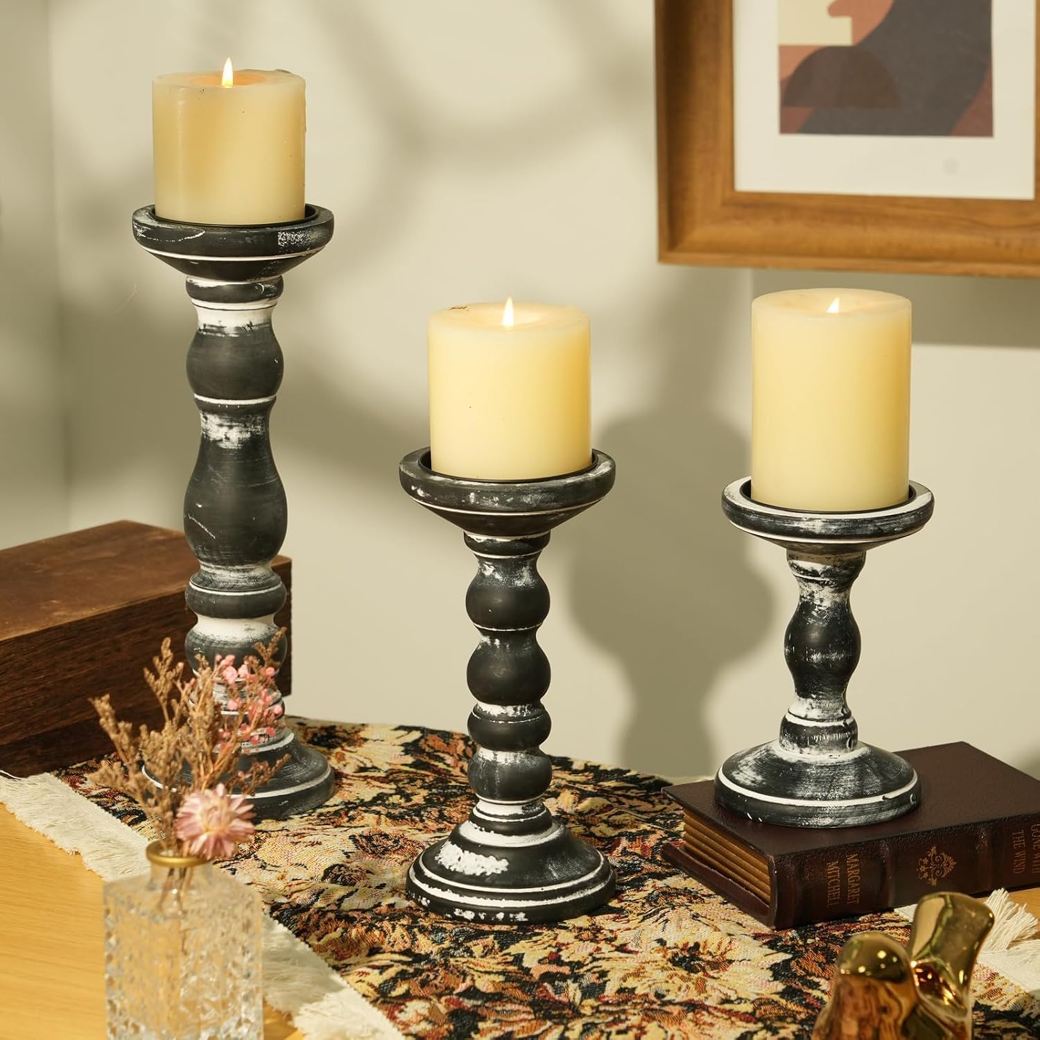Wood Pillar Candle Holder: Rustic Distressed Black Candle Stand | Solid Pine Wooden Decor, for 3.15" Pillar, Farmhouse