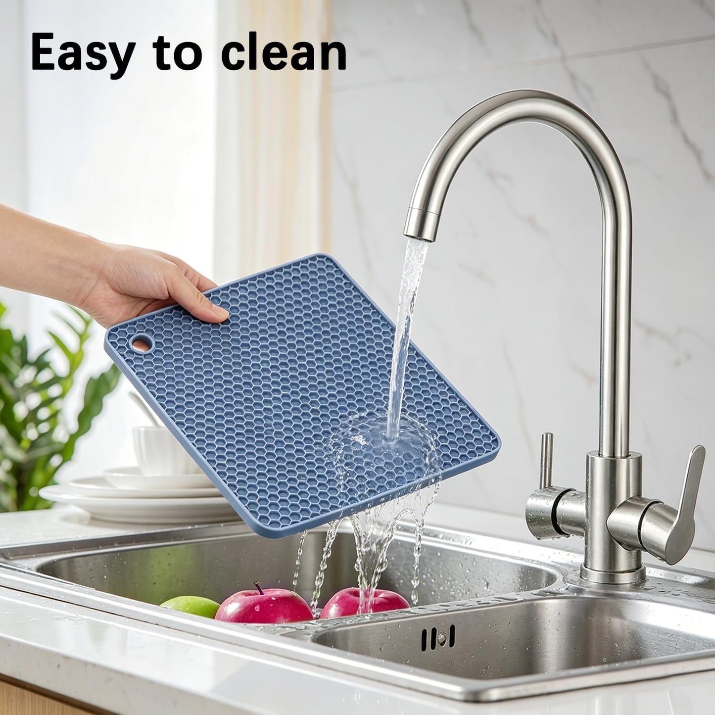 Silicone Trivet Mat / 7 x 7 / 02 Morandi Blue Square / Set of 4