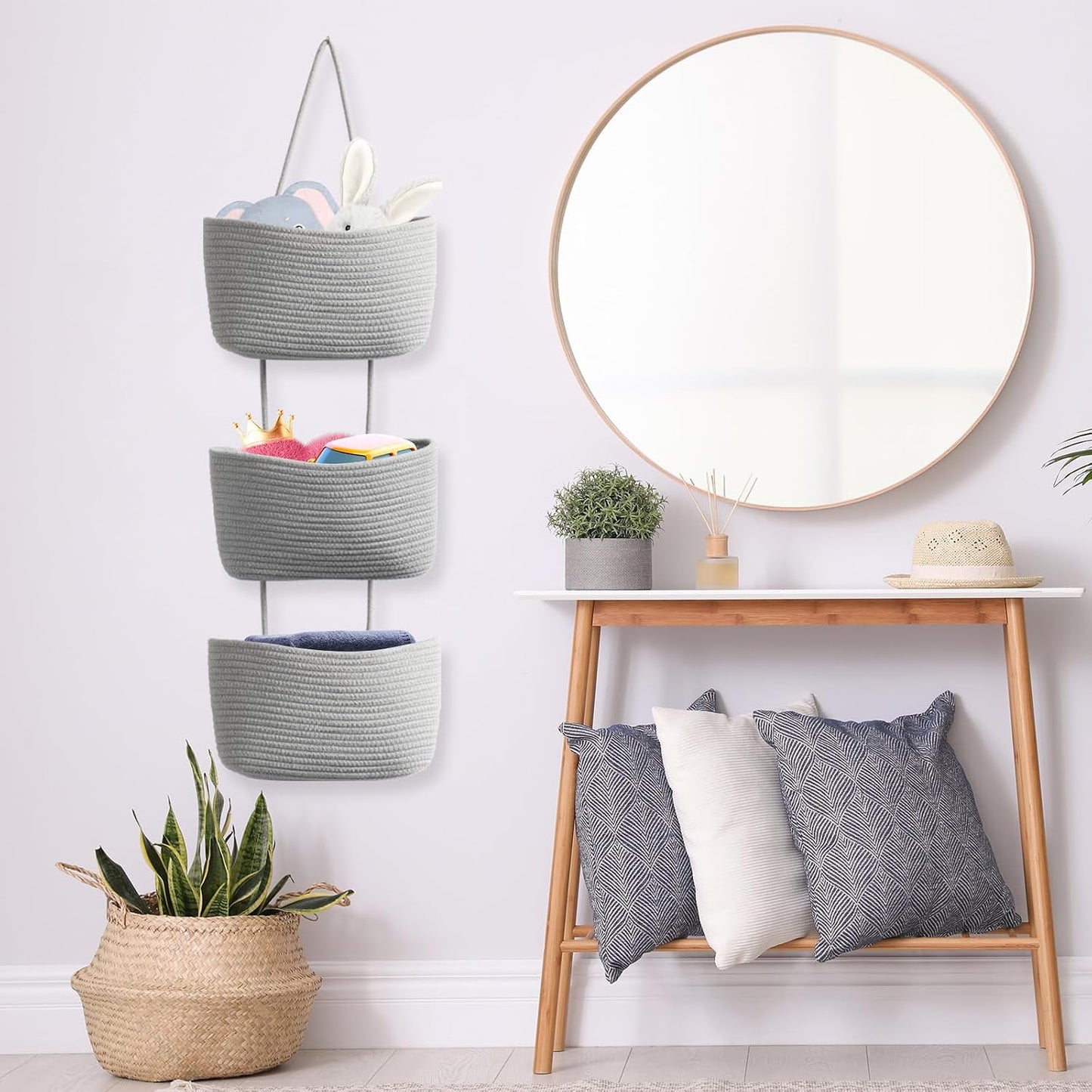 3-Tier Woven Cotton Wall-Mounted Storage Organizer Bag Decorative Hanging Nursery / Gray