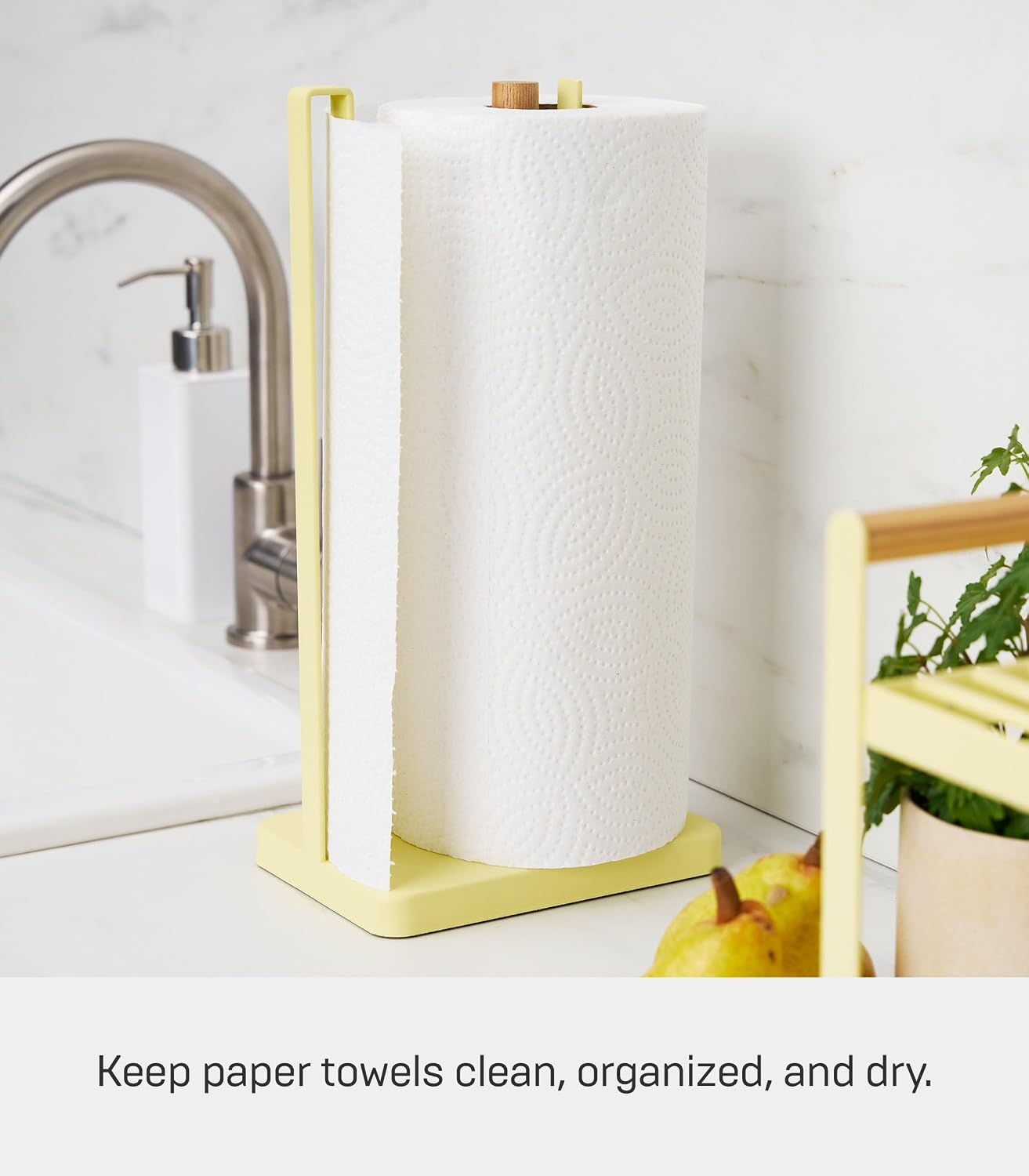 Yamazaki Home Tosca One-Handed Tear Paper Towel Holder - Kitchen Storage Rack - Steel + Wood