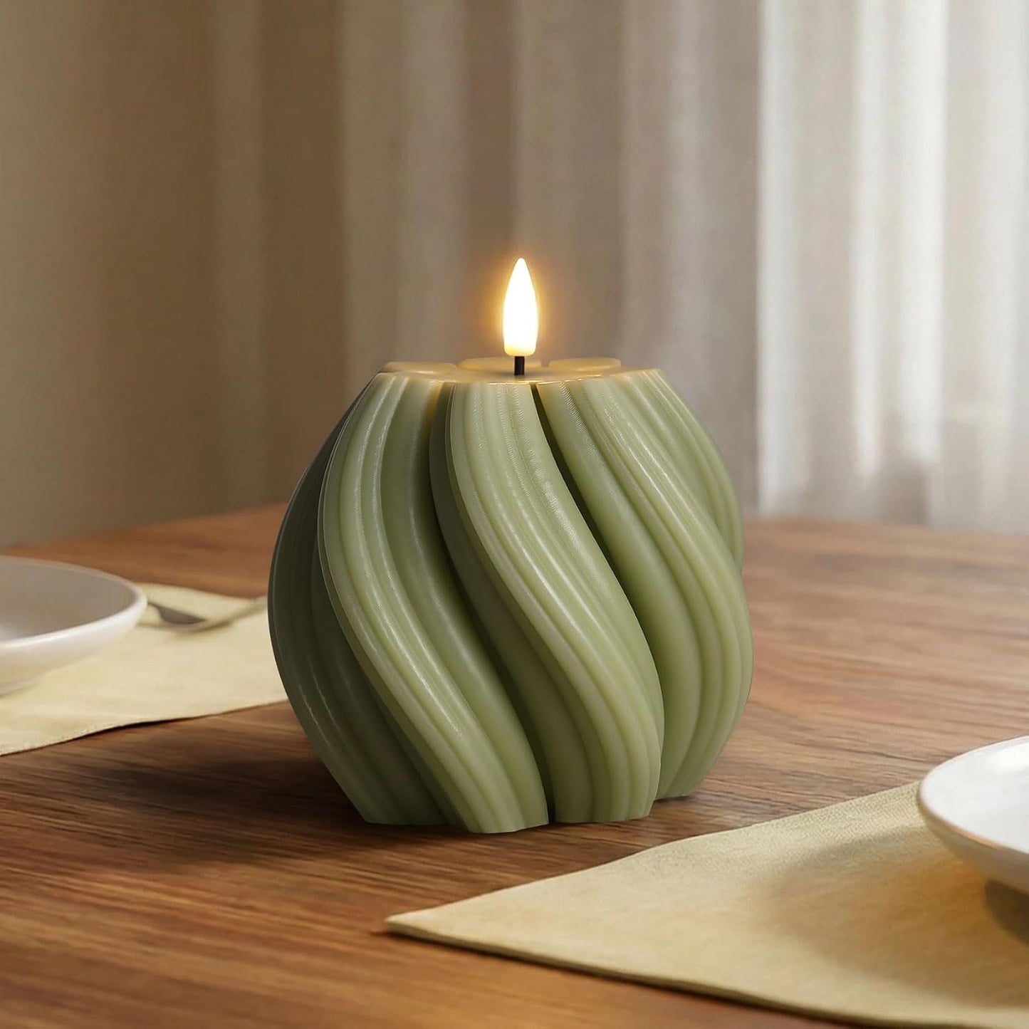 Swirl Flameless Candles / Sage Green