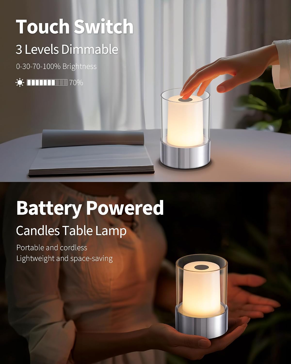 4" Chrome Cordless Table Lamp 2 Pack, Outdoor Rechargeable Lamp | LED, Battery Operated, Portable, Touch Night Light