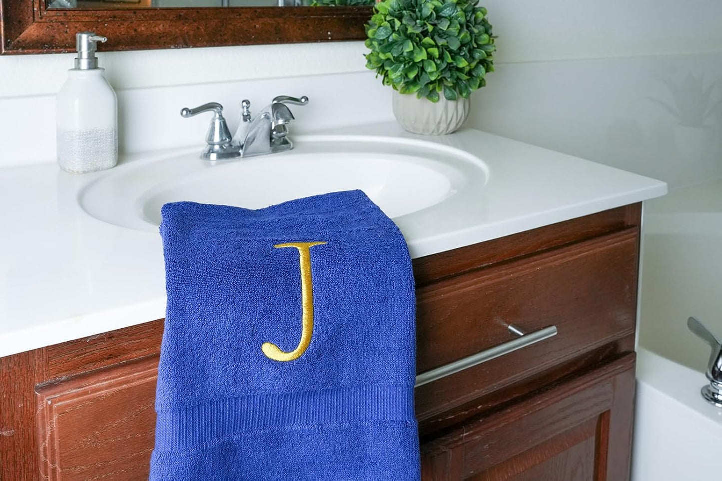 Navy with Gold Monogrammed Hand Towels for Bathroom - Set of 2 Letter J | Luxury Hotel Quality Initial Towels For