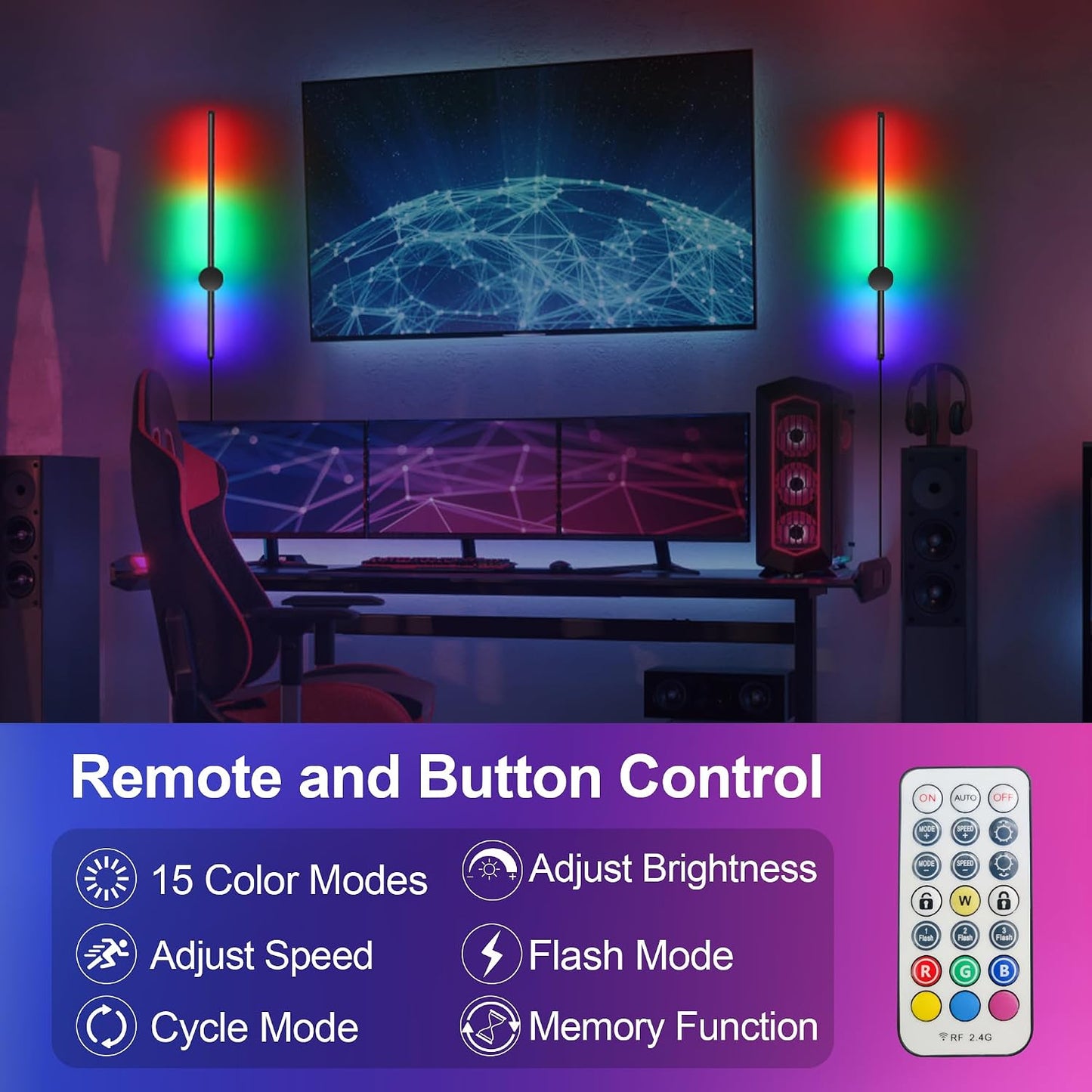 RGB LED Wall Sconces Set of Two with Remote, 15 Color Modes, Dimming, DIY 180° Rotate, Black Plug in Wall Sconces with