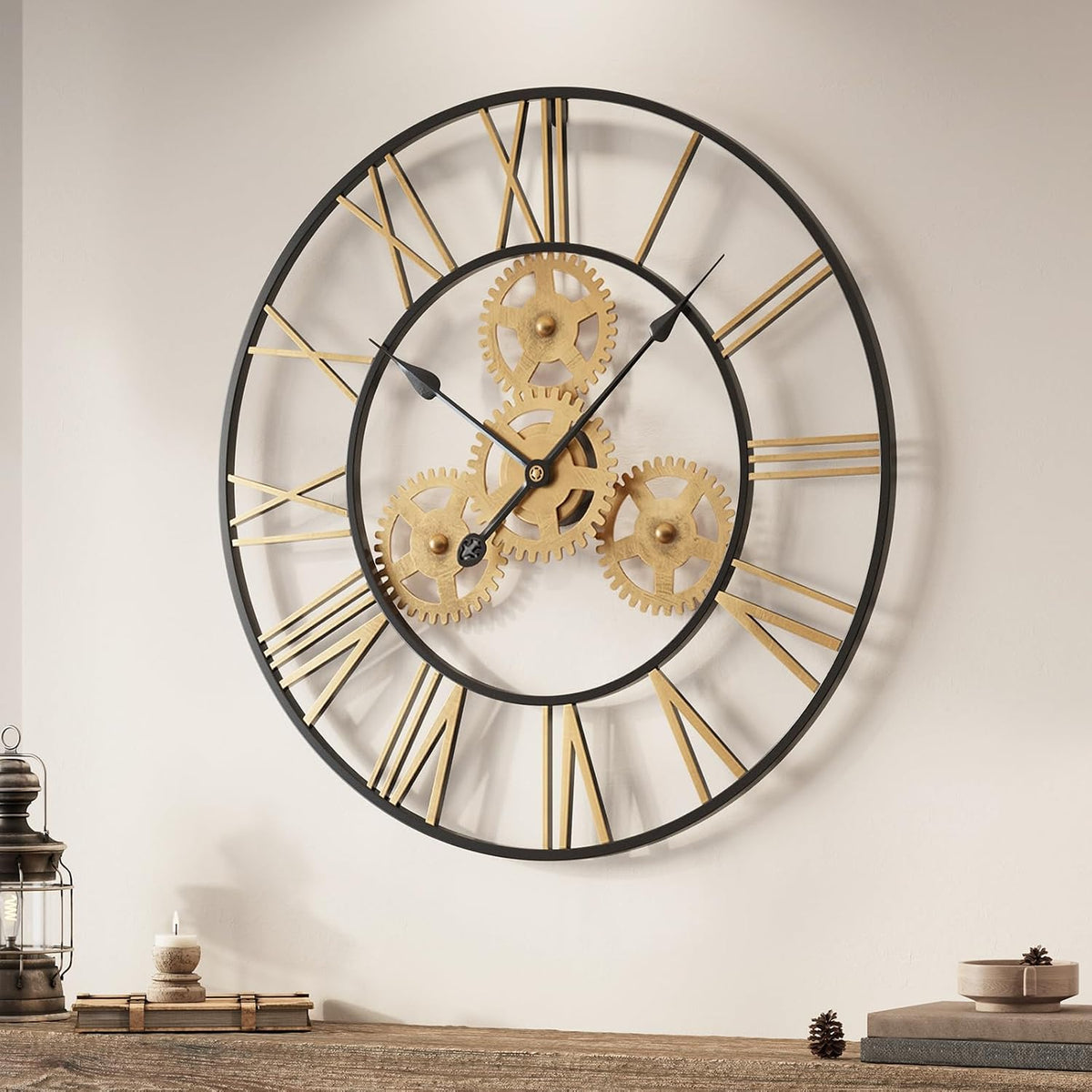 Cuspin 24 Inch Wall Clock Black Gold Industrial Metal Gear Decorative Clock | Silent non ticking, battery operated