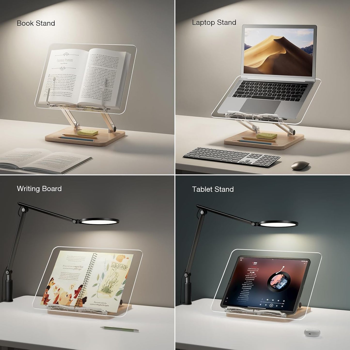 Acrylic Book Stand with Storage Base, Dual Aluminum Arm Reading Holder | Non-Slip Silicone Clips, Hands-Free Reading
