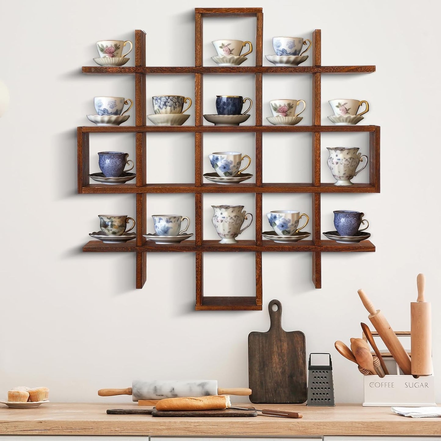 Suzile 5x5 Wall Shelf for Tea Cups Saucers, Rustic Wood Rack,Brown | Floating Curio Display with Coffee Mugs, Wall