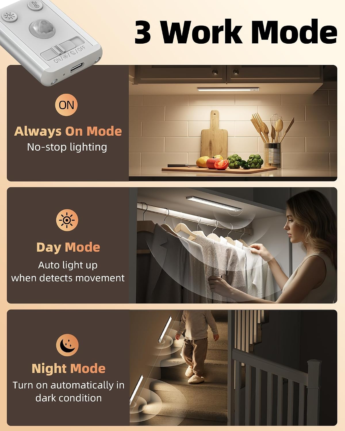 EZVALO Under Cabinet Lighting, 3500mAh Rechargeable Motion Sensor Light Indoor, 3 Color Temps, 5-Level Dimmable