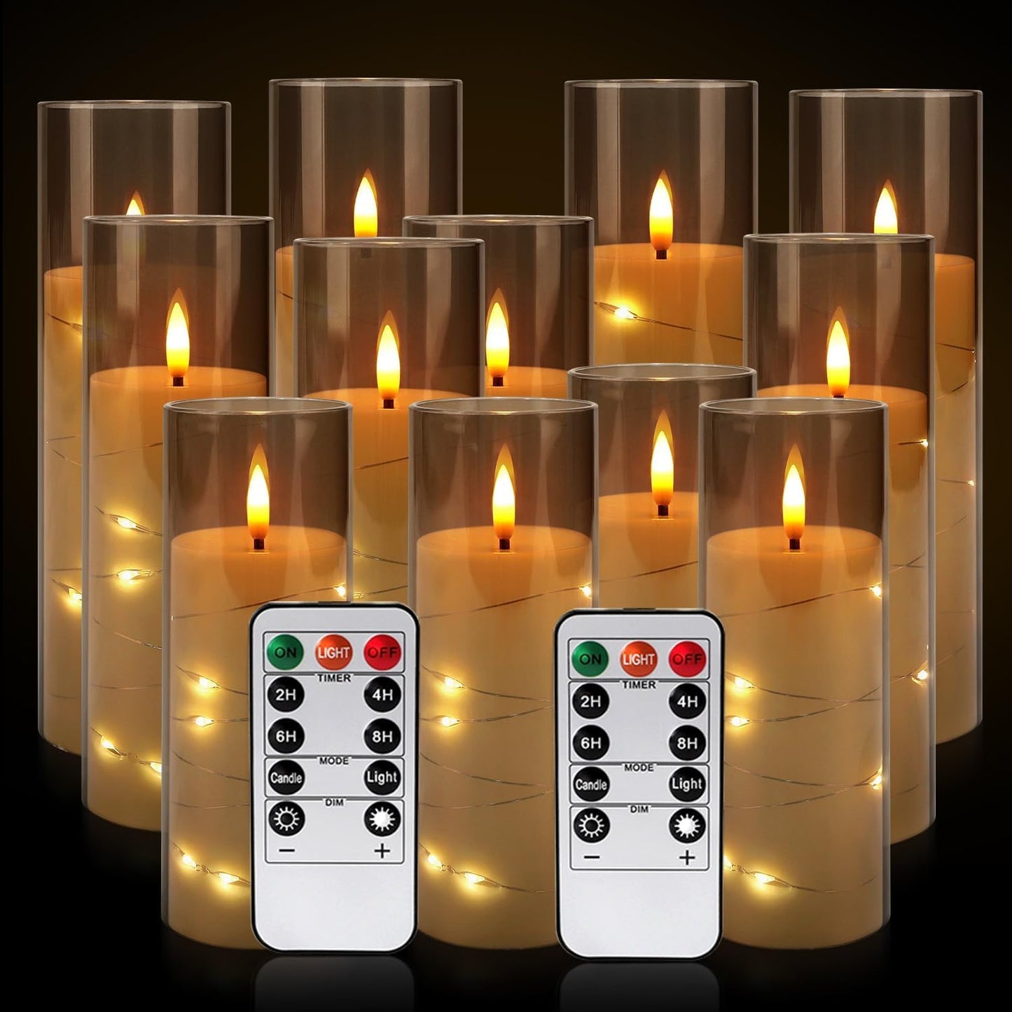 12-Pack Gray Acrylic Flameless LED Candles with Embedded String Lights - Remote Control for Holiday & Home