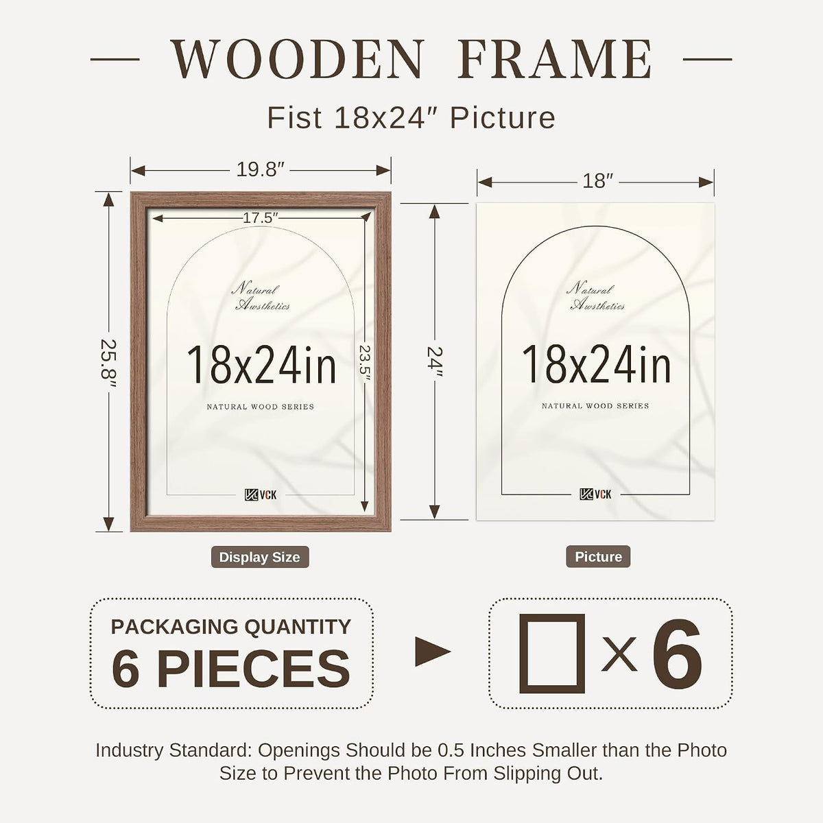 VCK 18x24 Frame Set of 6, Elegant Walnut Wood Poster Frame | 1.1in Wide Border, Wall Hanging, HD Plexiglass