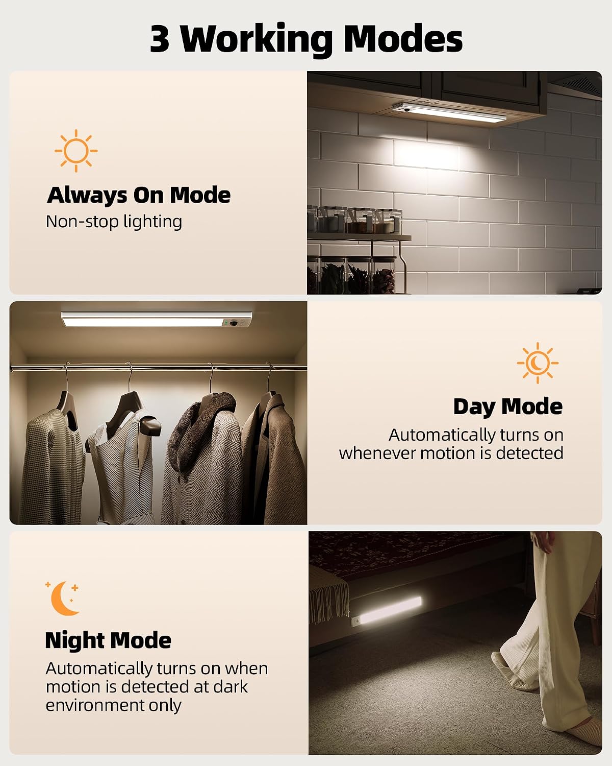 EZVALO 3 Pack Under Cabinet Lighting Wireless with Battery Indicator, 2000mAh Rechargeable Motion Sensor Light Indoor
