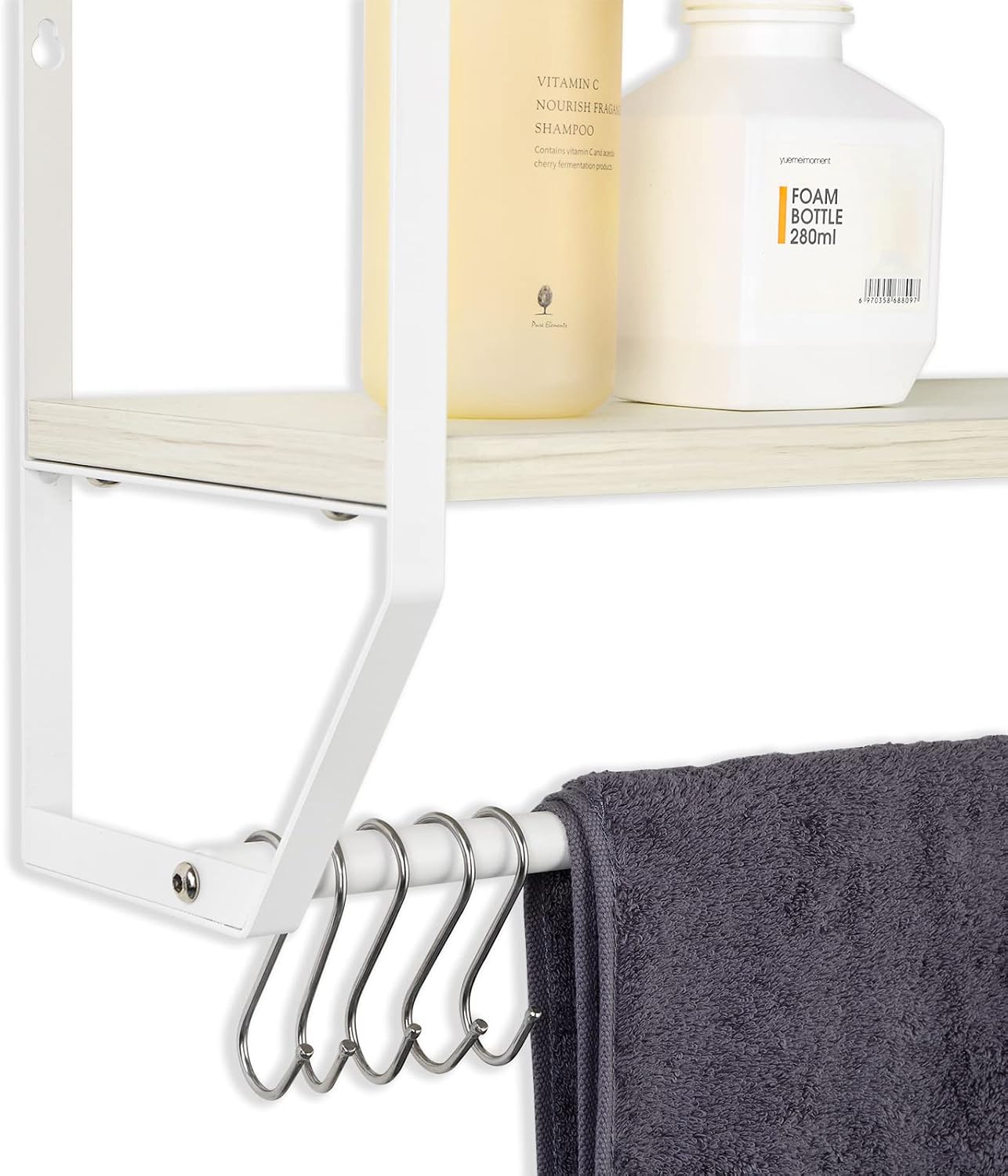 OYEAL Bathroom Shelf with Towel Bar Wall Mounted | Towel RaRustic Towel Shelf for Bathroom with 5 Hooks, 2 Tier Shelf