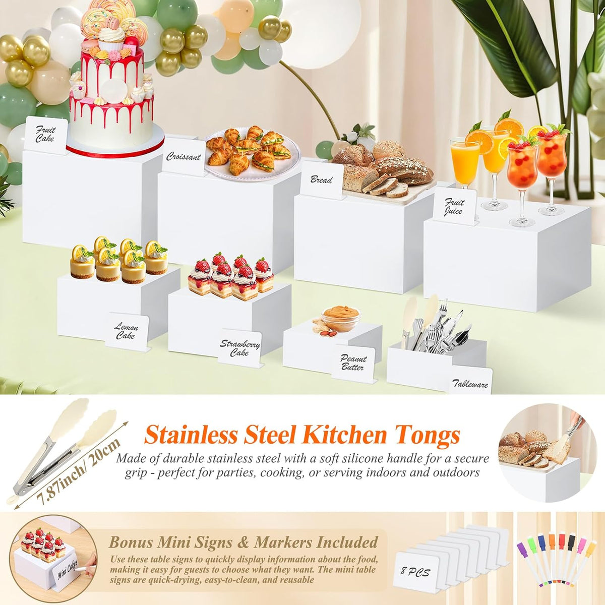8 Pcs White Buffet Risers with Mini Table Sign, Serving Tongs, Acrylic Food Risers for Buffet Table Display Stand Shelf
