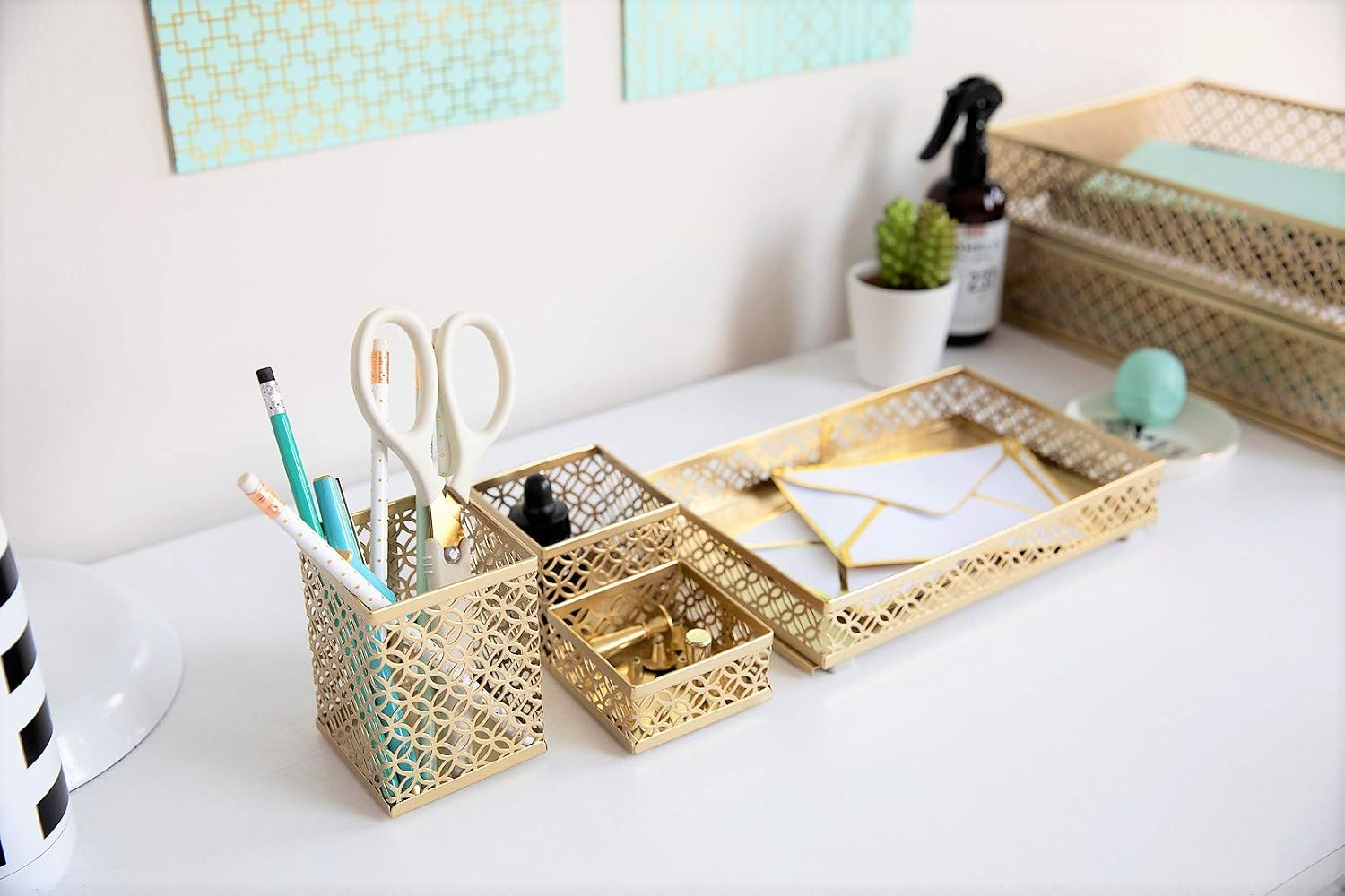 BLU MONACO | Gold Desk Organizer Set for Women 6 Piece | Mail Sorter Organizer Countertop with Letter Sorter for Desk
