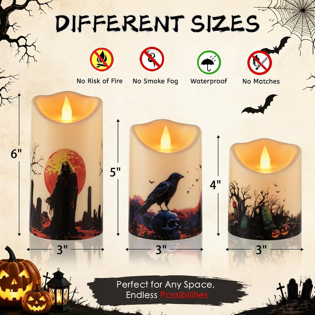 Halloween Flameless Candles Set of 6, Indoor Outdoor LED Pillars | 3"D X 4" 5" 6" H, Climbing flame, waterproof, 2x
