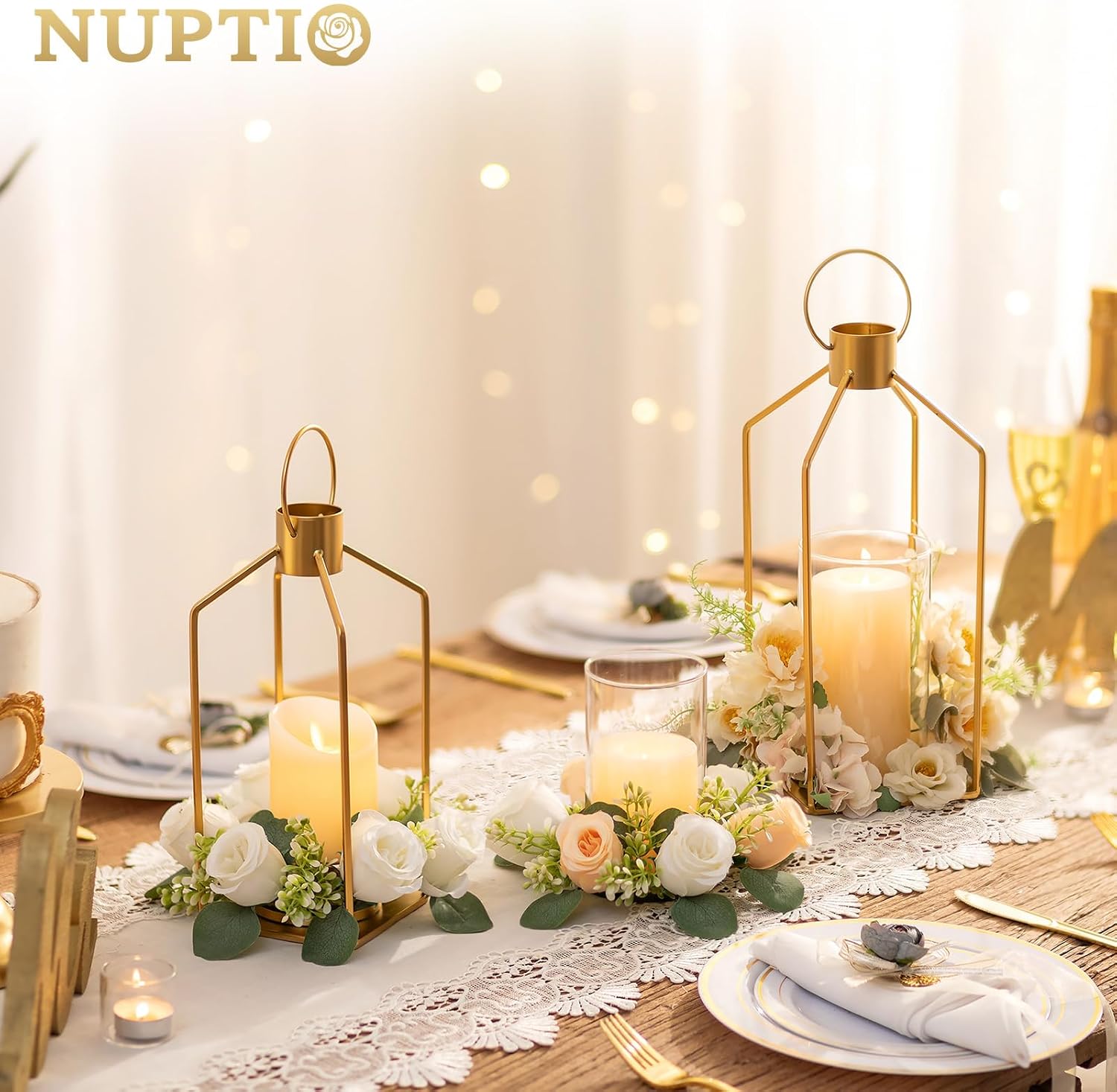 NUPTIO Gold Lanterns Decorative Indoor: Hanging Candle Lantern for Pillars | Hurricane Glass Lantern Set of 2for