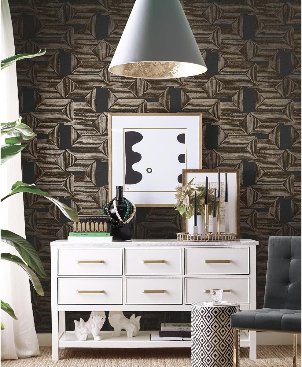RMK12213PL Nikki Chu Black and Metallic Gold Zulu Signature Peel and Stick Wallpaper / Black/gold