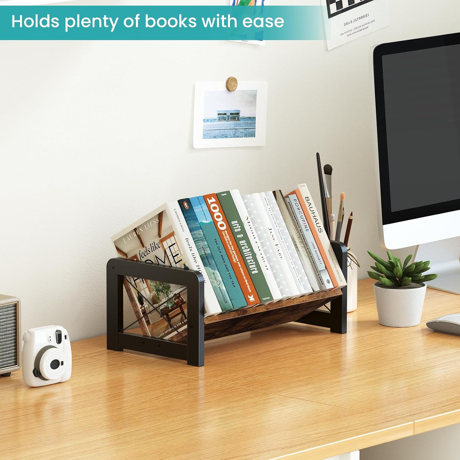 ELITEROO Desktop Bookshelf Organizer, Wood Slanted Desk Bookshelf, Small Tabletop Book Rack, Portable Mini Bookcase for
