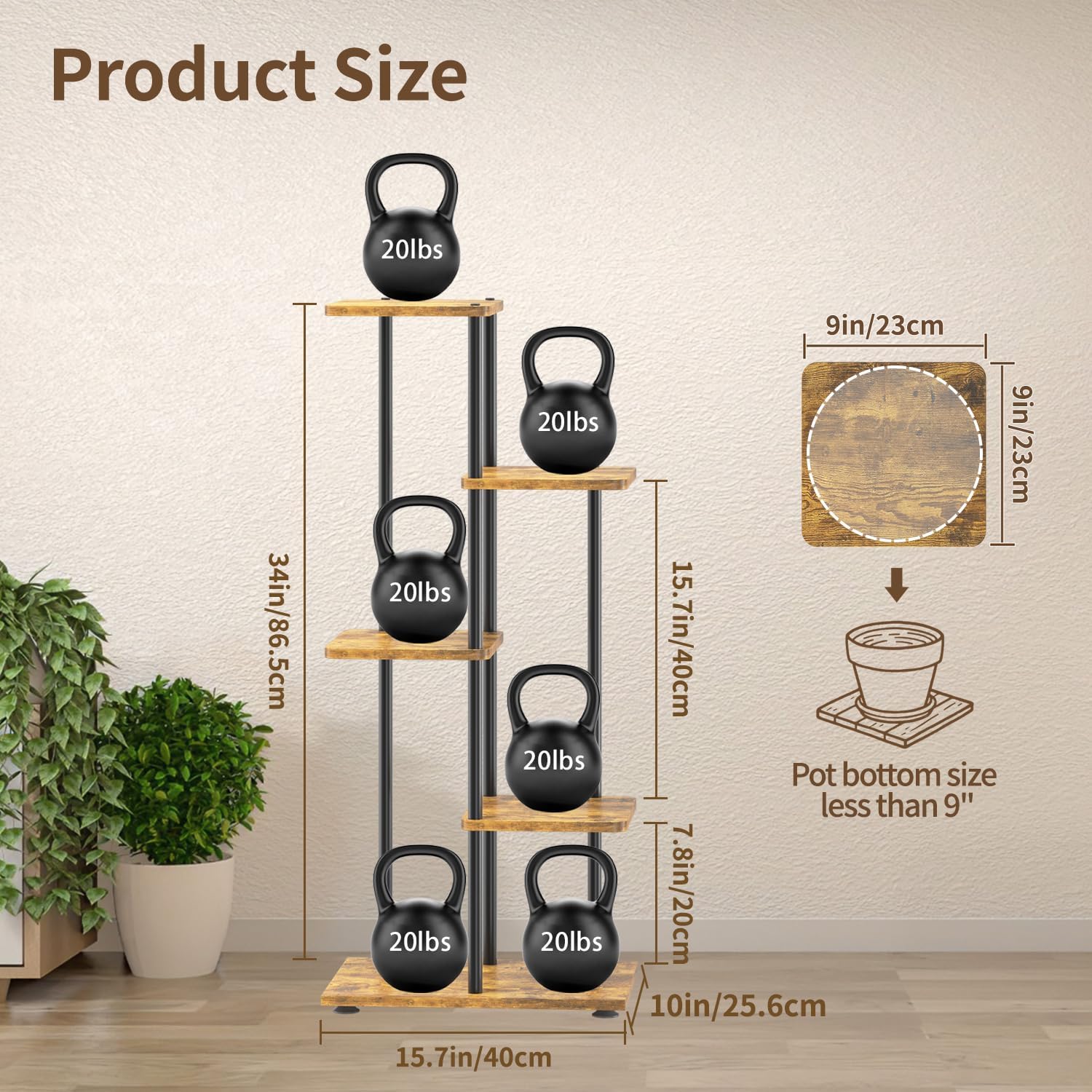 LASZOLA Plant Stand Shelf Tall for Indoor Corner, 4 Tier Wood Brown | Heavy Duty Multi Level Vertical Flower Rack for