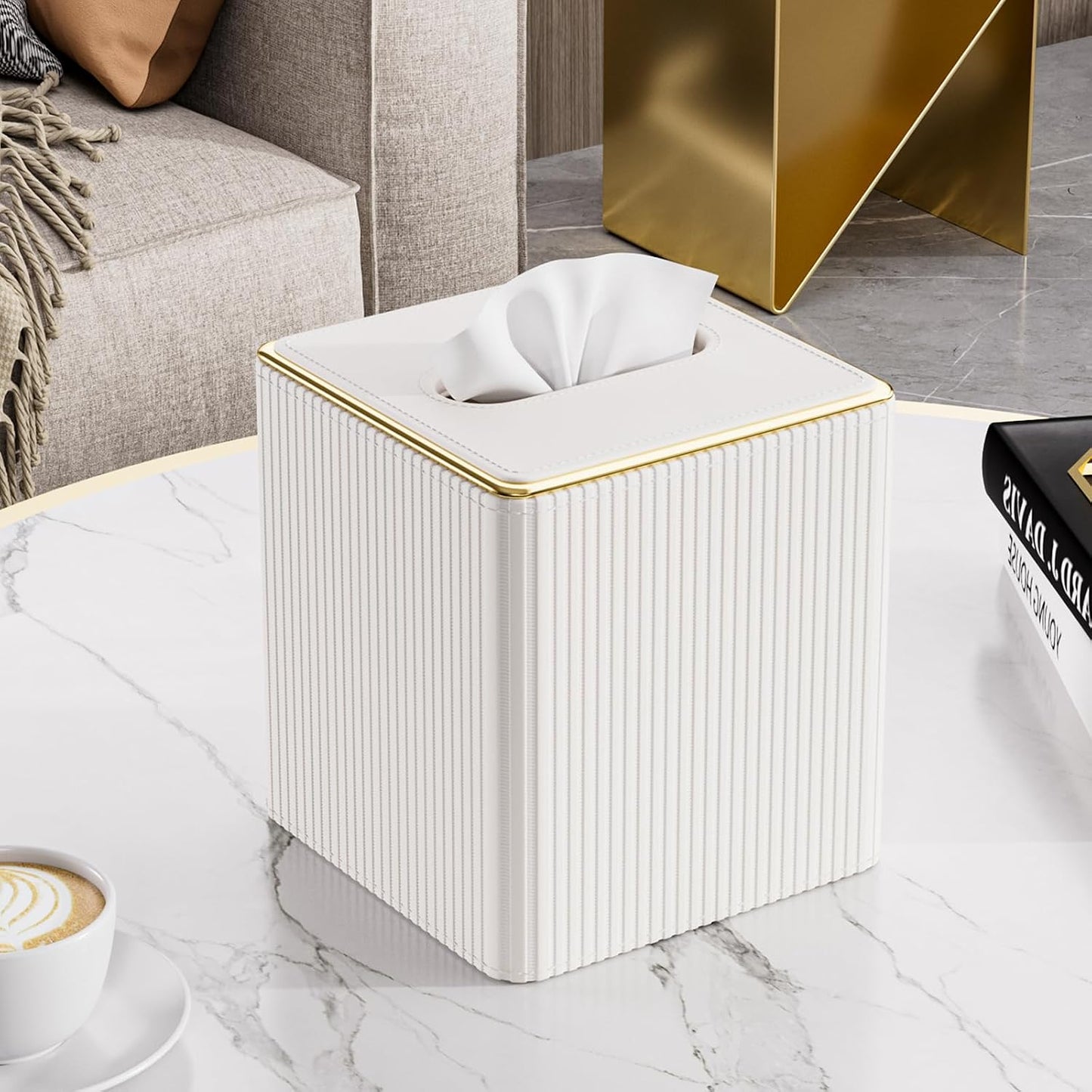 PU Leather Tissue Cover / Cream White / Square