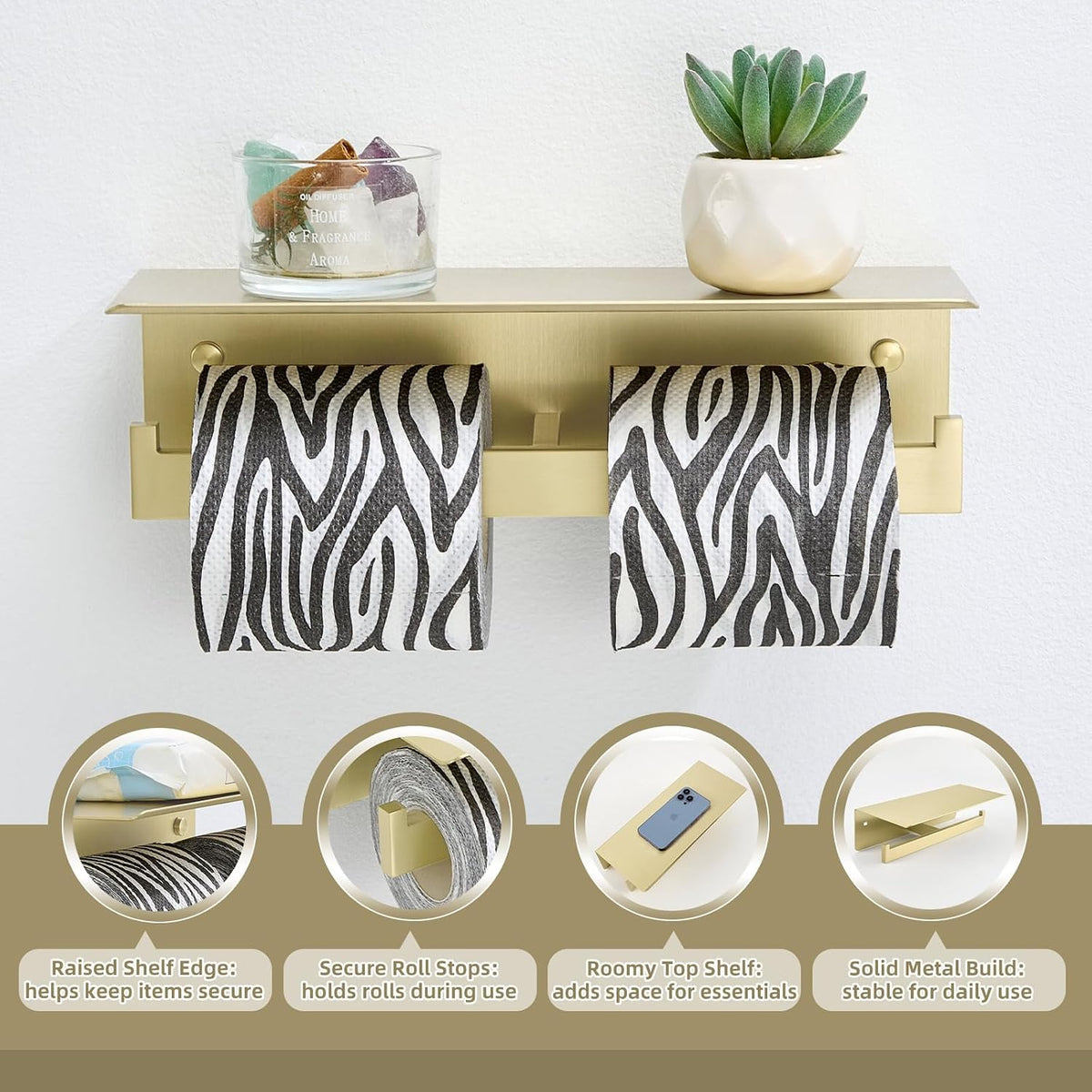 APLusee Brushed Gold Double Toilet Paper Holder with Shelf, 304 Stainless Steel Wall Mount Tissue Roll Holder for