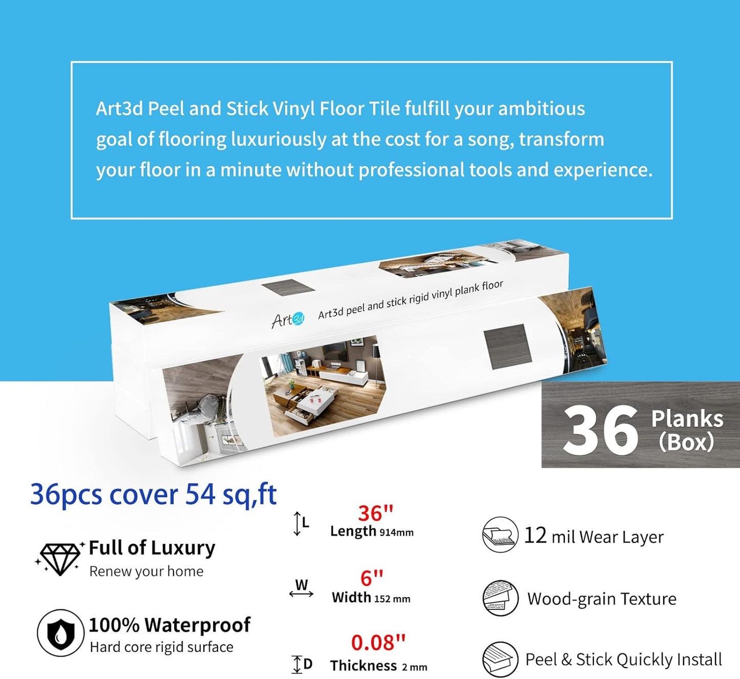 Peel and Stick Floor Tile Vinyl Wood Plank 54 Sq.Ft / 36 x 6 x 0.1 / Deep Grey / Set of 36