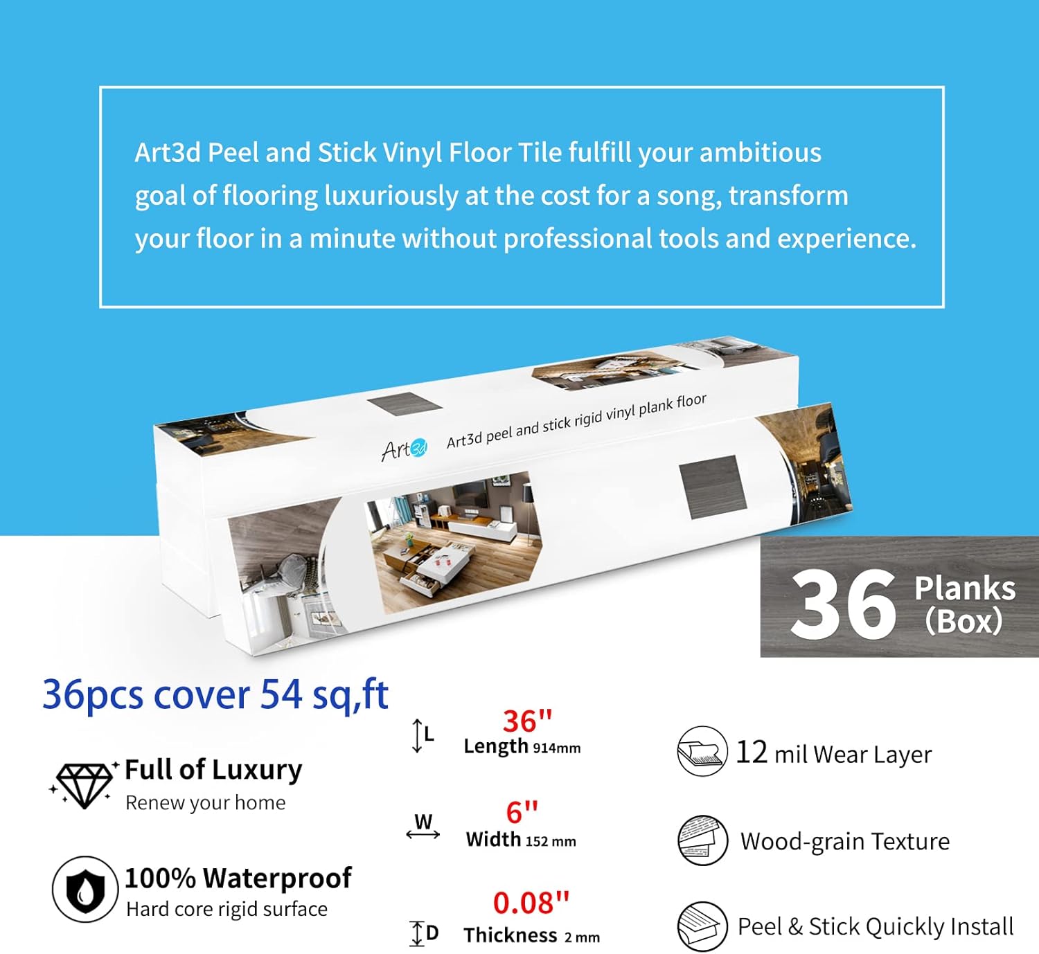 Peel and Stick Floor Tile Vinyl Wood Plank 54 Sq.Ft / 36 x 6 x 0.1 / Deep Grey / Set of 36
