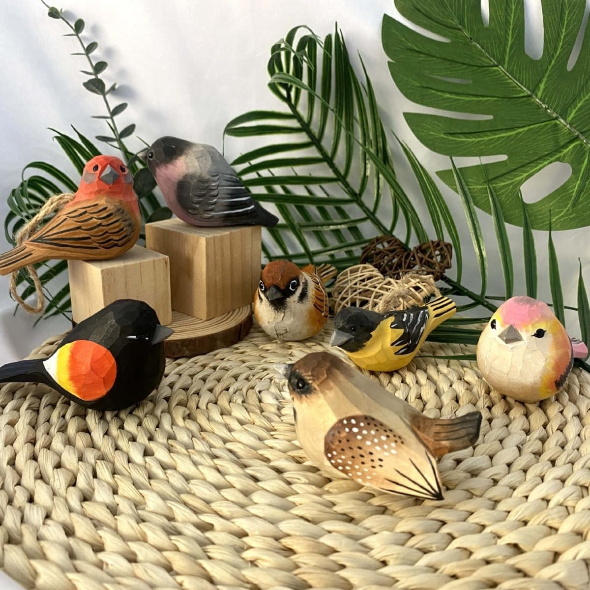 Handmade Bird Statue Carved Rustic Animal Bird Sculpture Miniature Art Carve Small / Wood / Set of 2