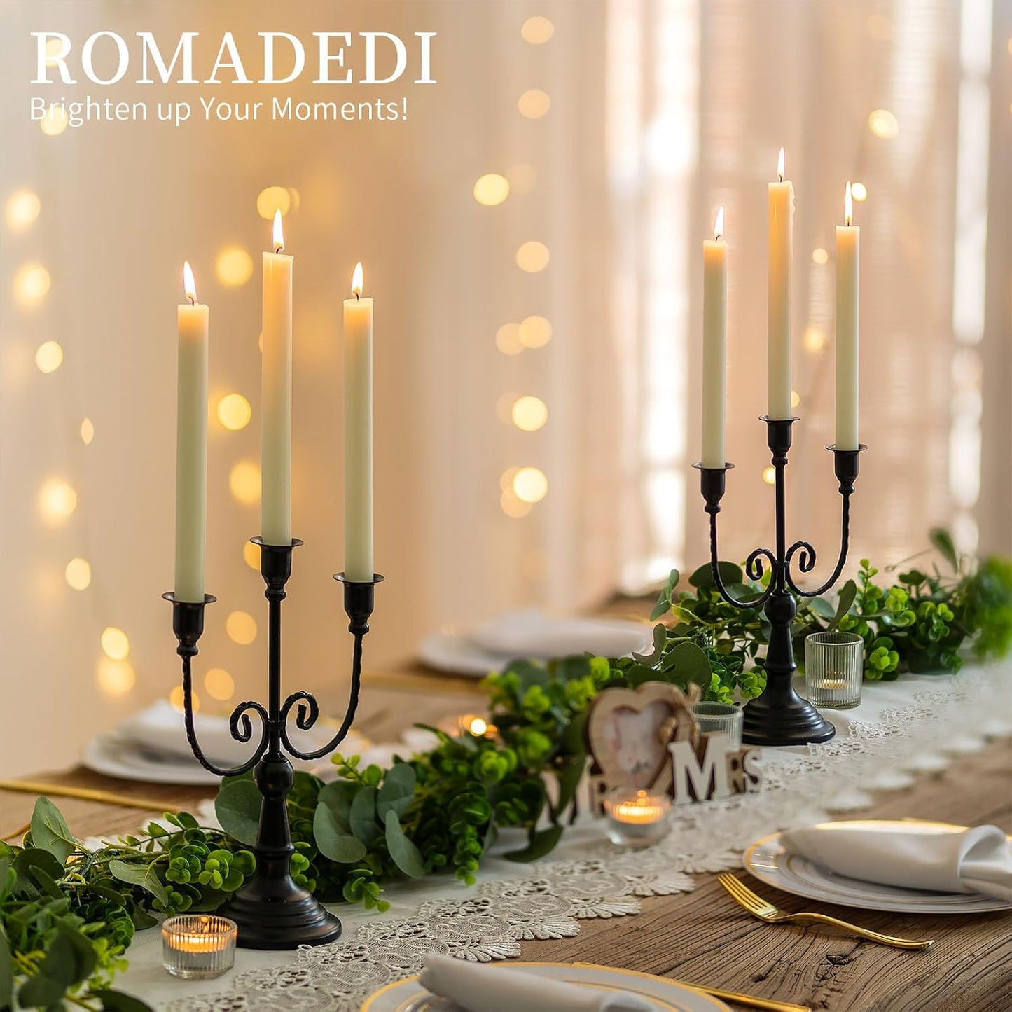 Romadedi Halloween Candelabra, Black 3-Arm Candle Holders, Set of 2 | Metal Taper Candlestick Holder for Mantel, Dining