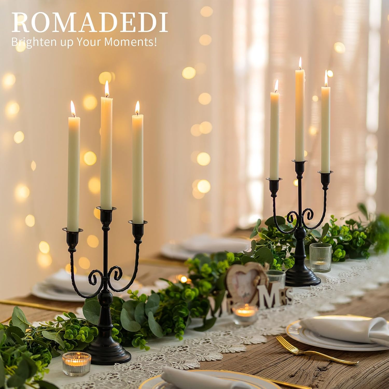 Romadedi Halloween Candelabra, Black 3-Arm Candle Holders, Set of 2 | Metal Taper Candlestick Holder for Mantel, Dining