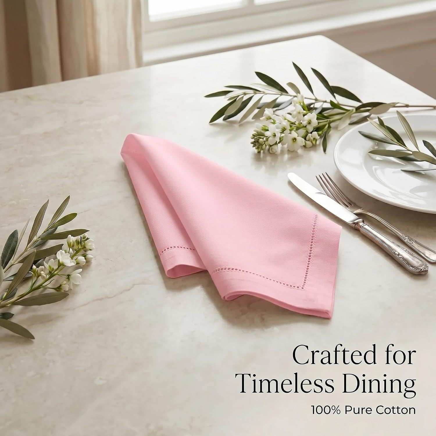 Urban Villa Hemstitch Cloth Dinner Napkins Cotton 20”x20” (Set of 12)-Pink