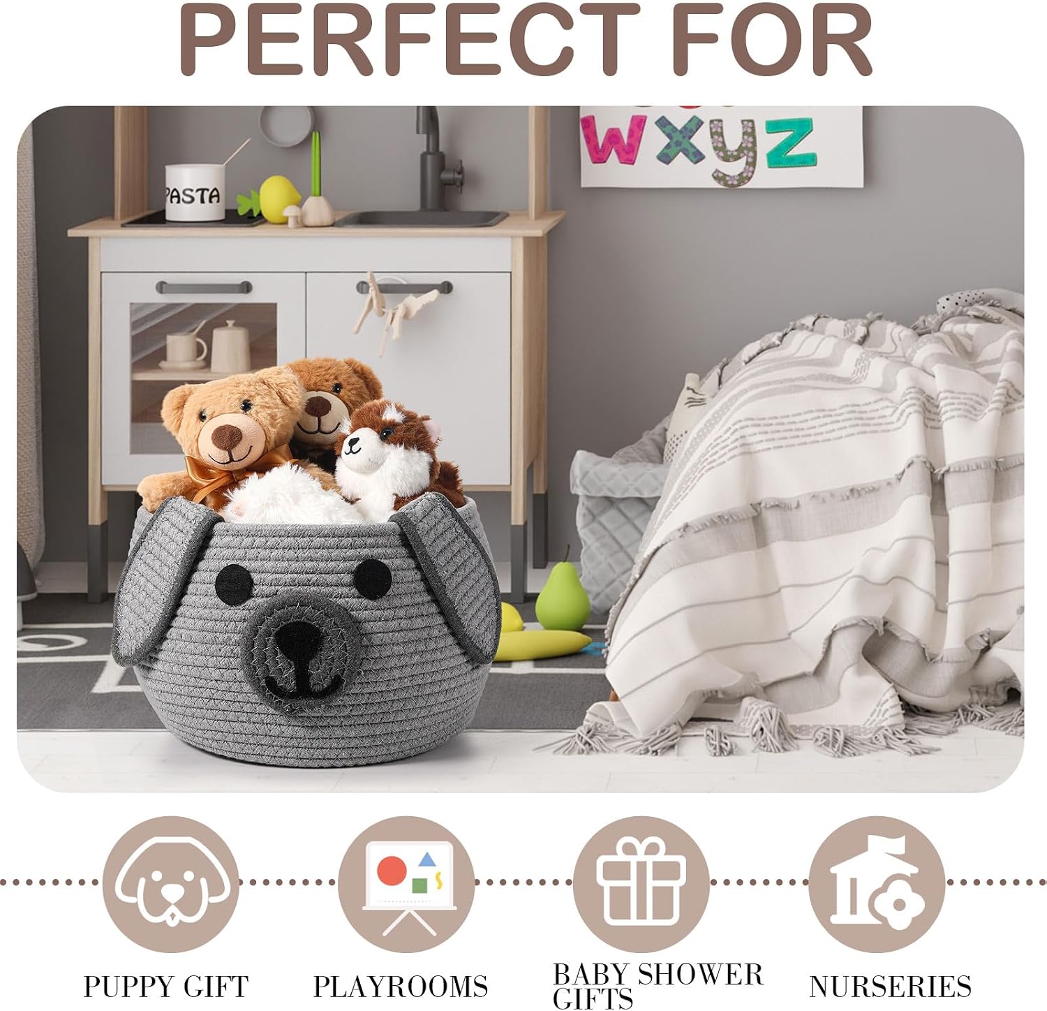 Dog Woven Basket Woven Cotton Rope Puppy Animal Storage Basket for Laundry Toy Gift / Gray / 13 x 8