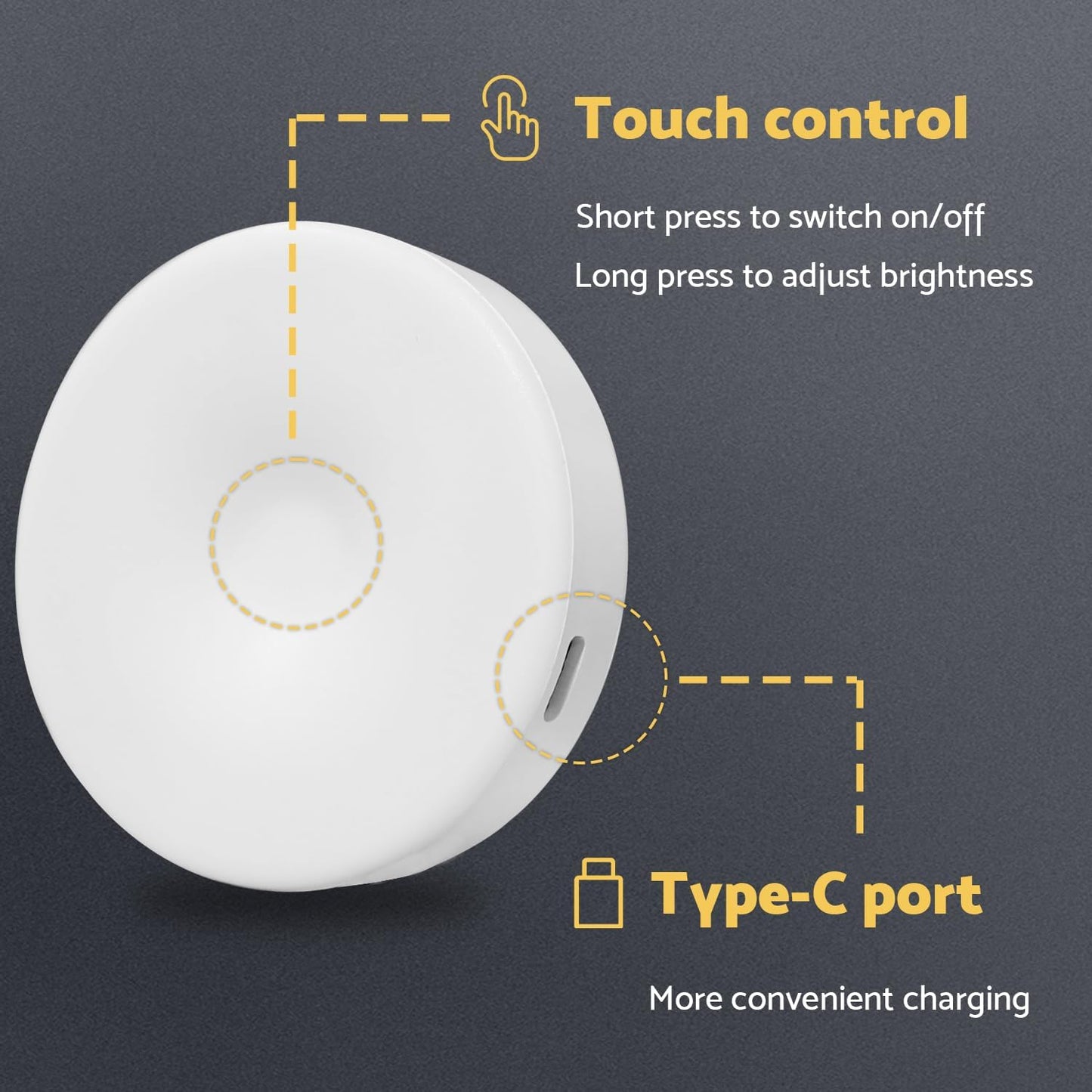 DAZZY DOT Rechargeable Puck Lights 2-Pack, Magnetic Tap Light, Cool White | Dimmable touch control, magnetic & adhesive