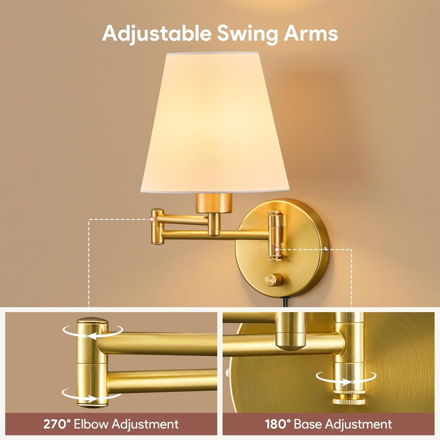 VONLUCE Wall Lamp, Plug in & Swing Arm Wall Sconce, Gold Finish | Modern Wall Lights with White Fabric Shades, Plug in
