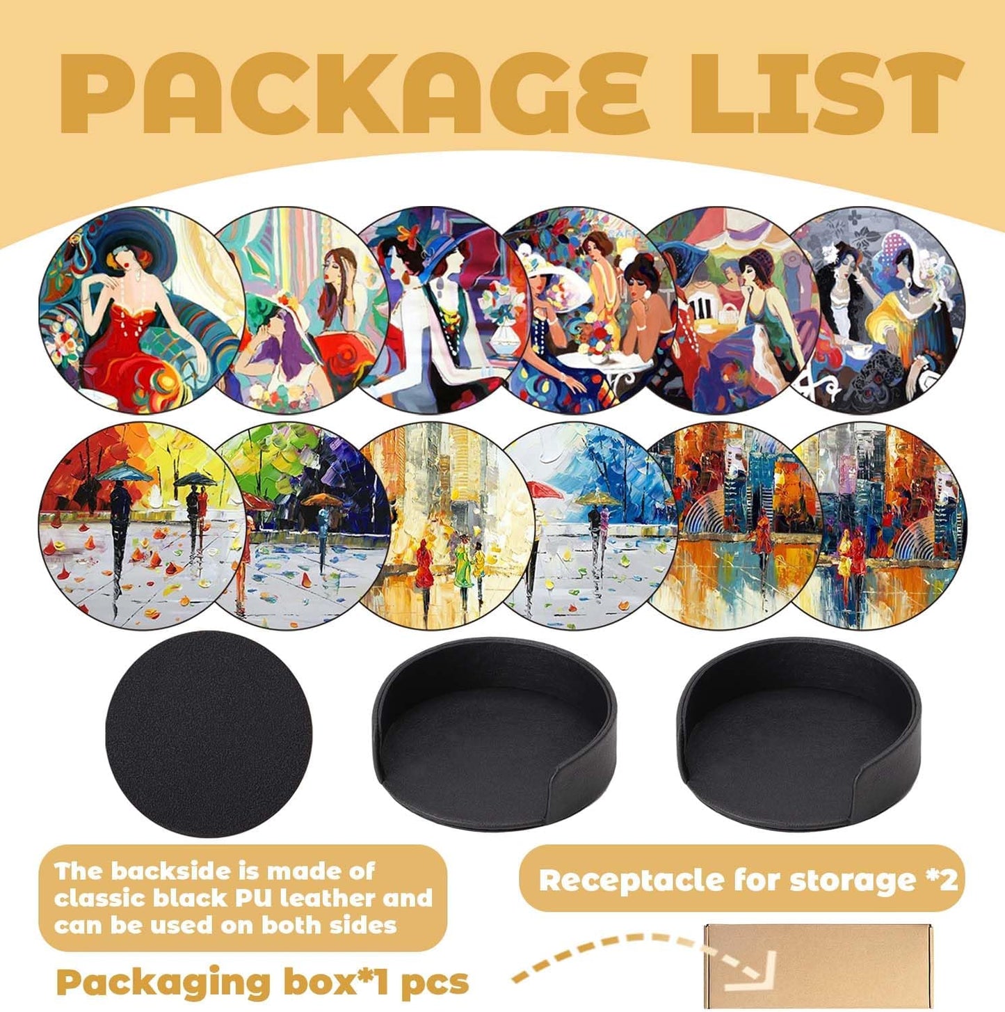 Holder / PU Leather Coasters for Drinks / Abstract Oil Painting Art / Set of 12